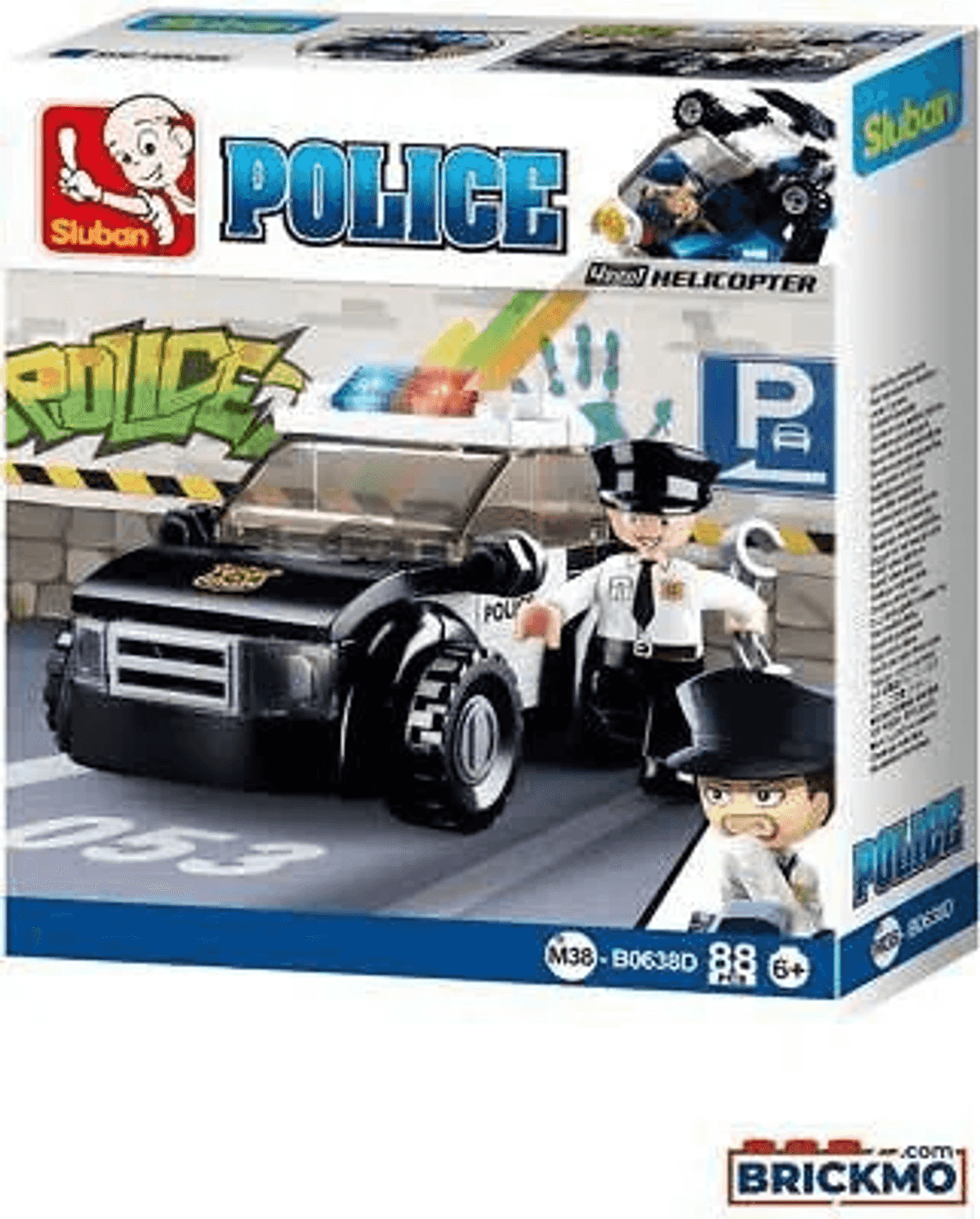 Caja de juguete de policía Sluban con un coche de policía en blanco y negro y dos minifiguras.