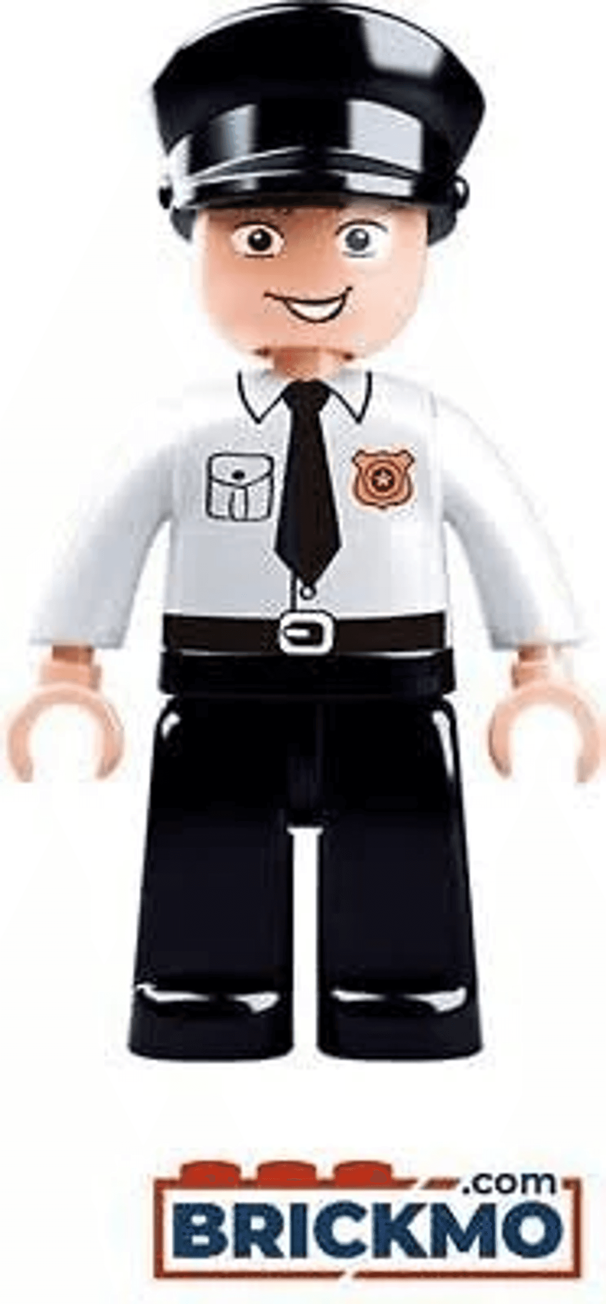 Una figura de oficial de policía de Lego con camisa blanca, pantalones negros y gorra.