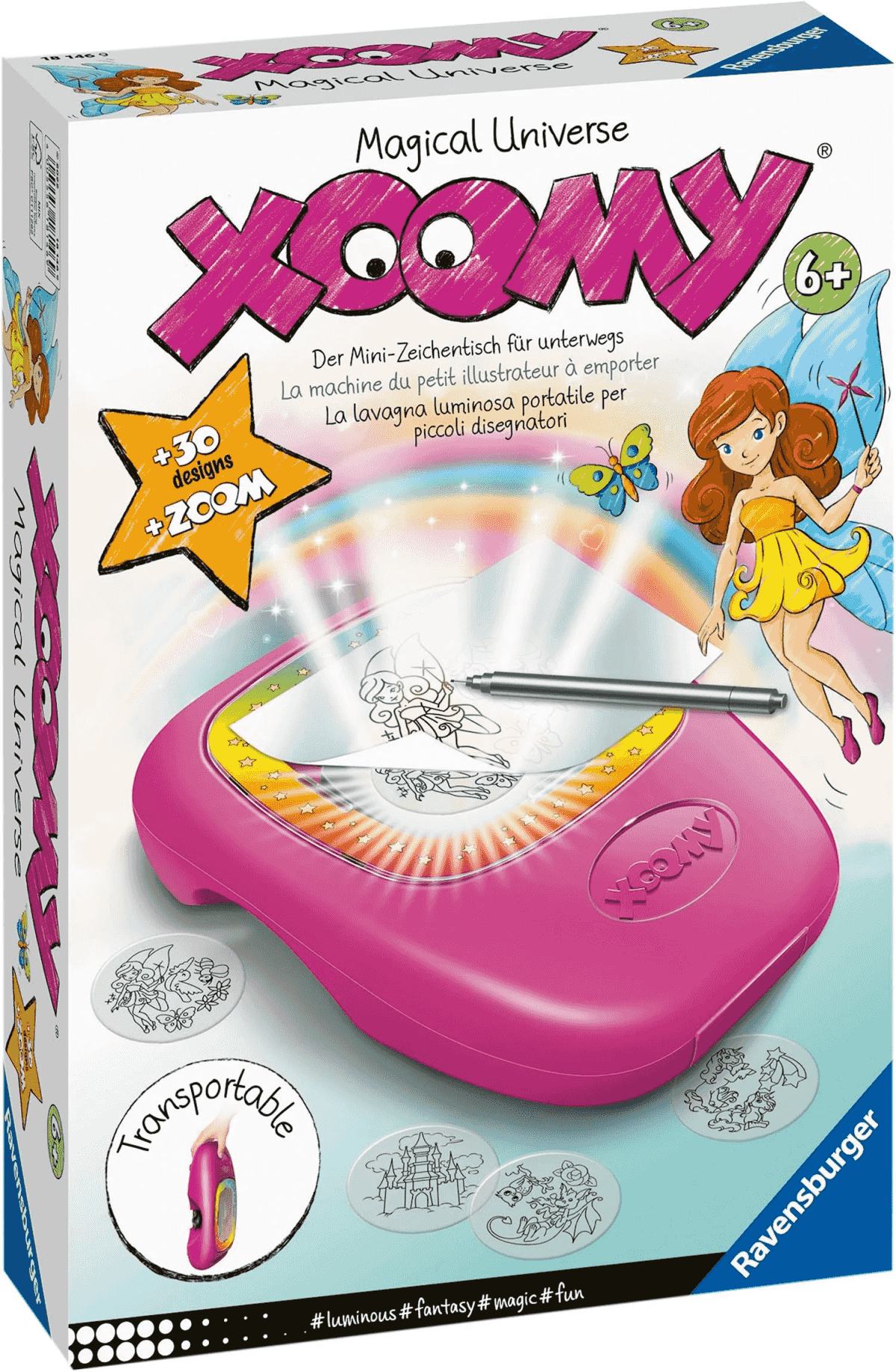 Embalaje del tablero de dibujo Xoomy Magical Universe con motivos de hadas en rosa y azul.