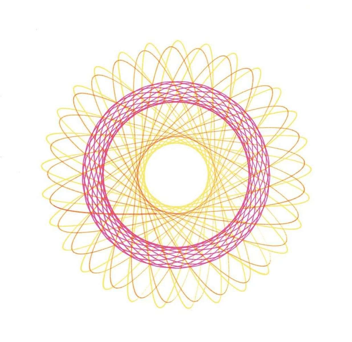 Ein geometrisches Spirograph-Muster aus rosafarbenen und gelben Linien auf weißem Hintergrund.