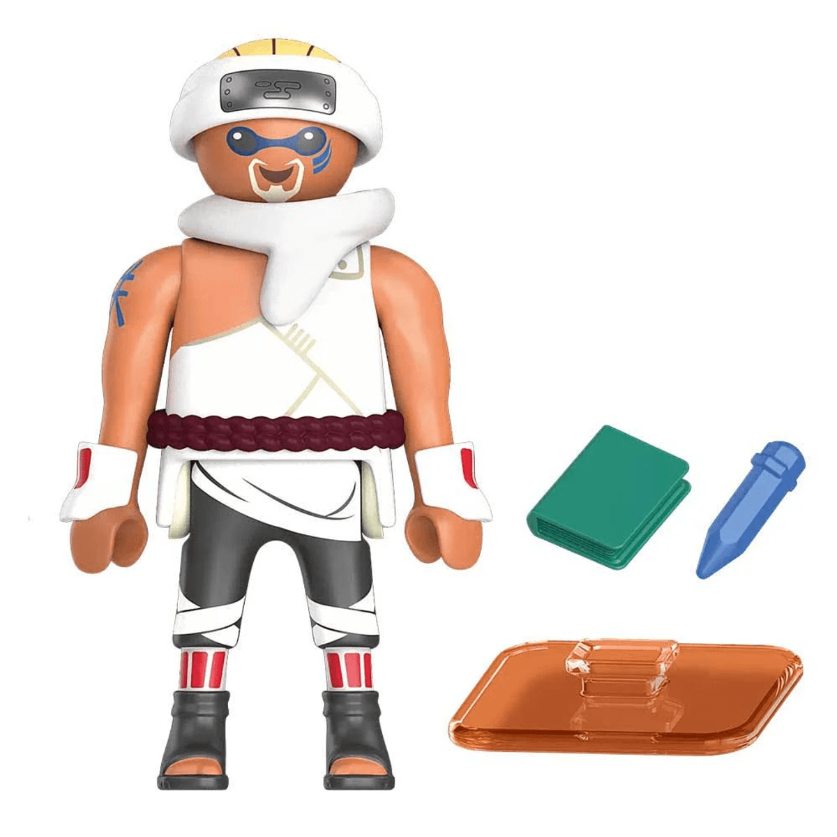 Anime-Actionfigur mit weißem Tuch, Buch, Stift und Basis.