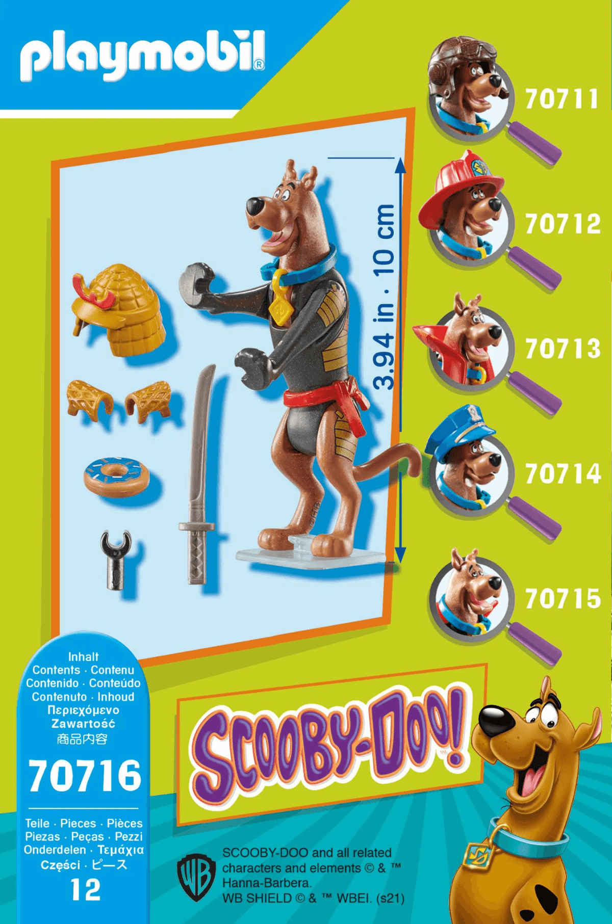 Zestaw Playmobil Scooby-Doo 70716 z figurką, 12 elementami, strojem samuraja, mieczem i innymi figurkami Scooby-Doo.