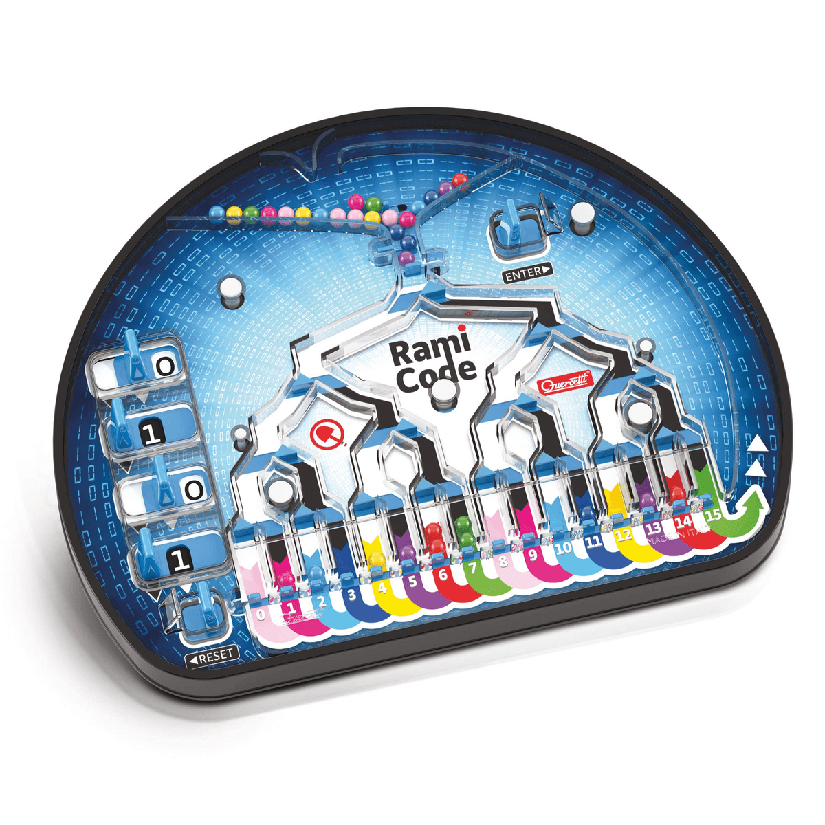 Juguete educativo Rami Code con canicas de colores, palancas y pistas sobre un fondo de código binario azul.