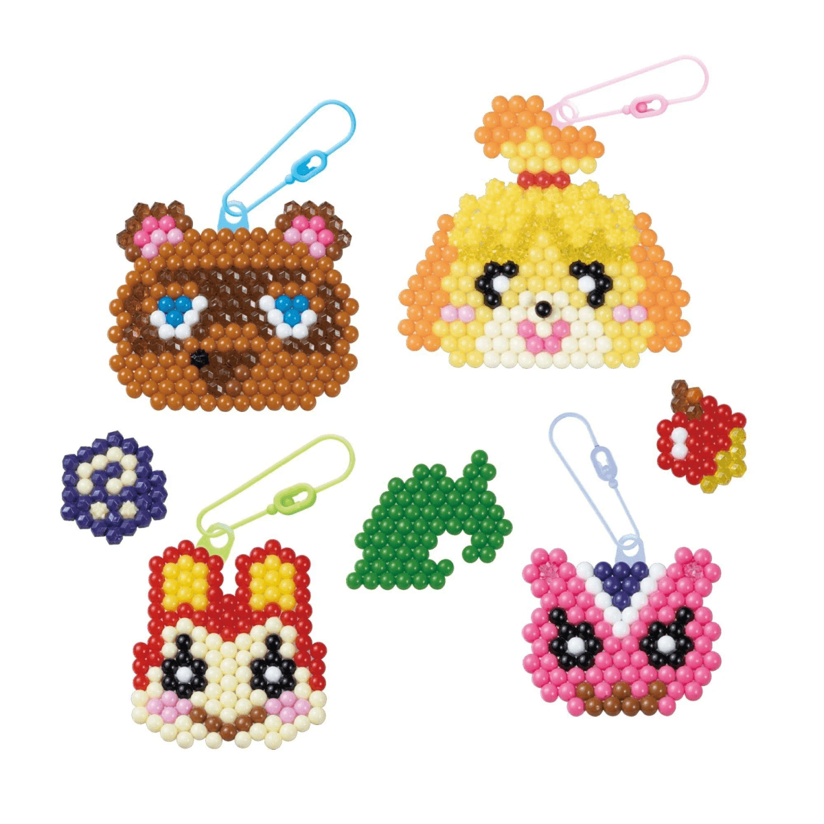 Manualidades de cuentas de Animal Crossing con personajes, una hoja y fruta sobre fondo blanco.