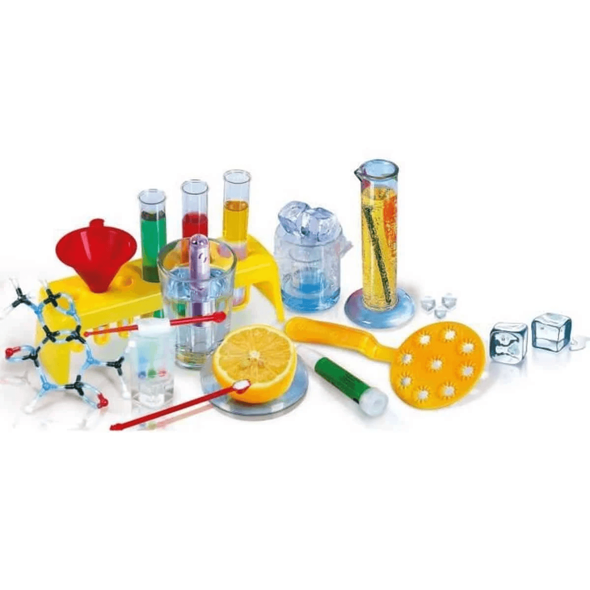Un juego de química para niños con tubos de ensayo, vasos de precipitados, un limón, cubitos de hielo y herramientas.