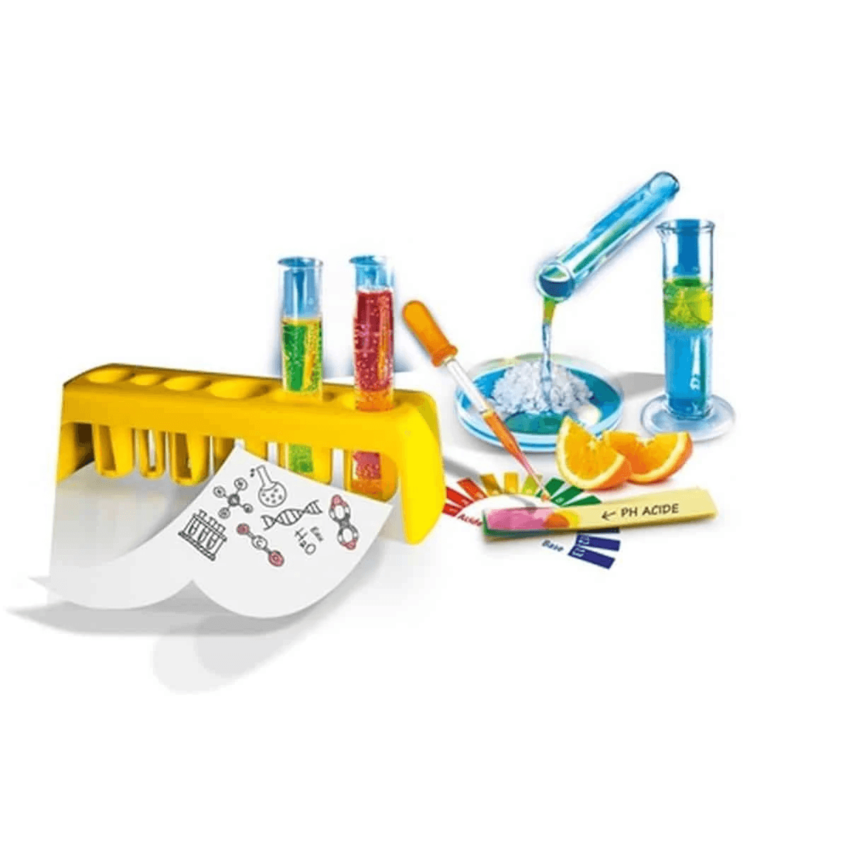 Un kit de ciencias infantil con tubos de ensayo, gradilla, goteros y rodajas de naranja para experimentos.