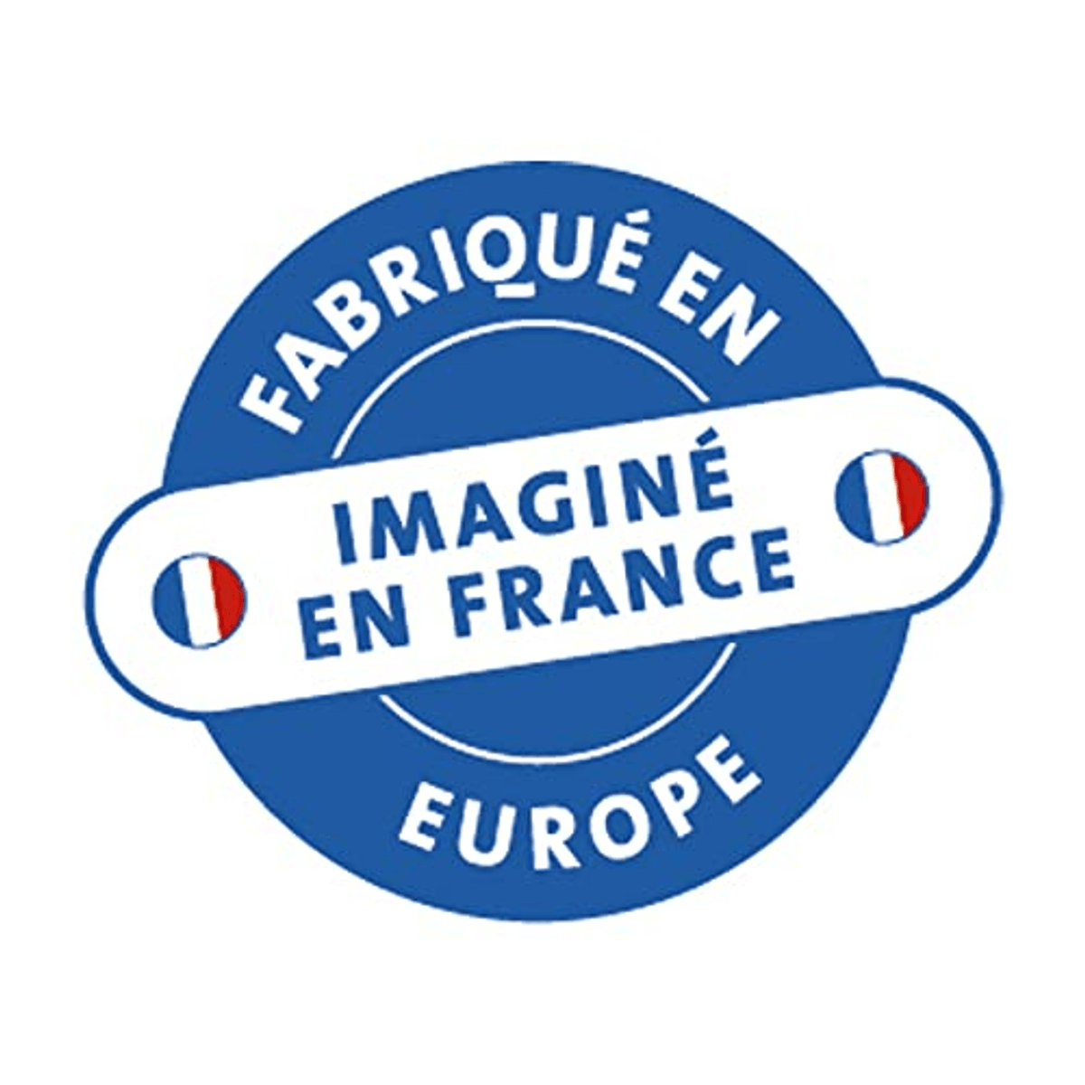 Insignia azul y blanca con 'Fabriqué en, imaginé en France, Europe' e iconos de la bandera francesa.