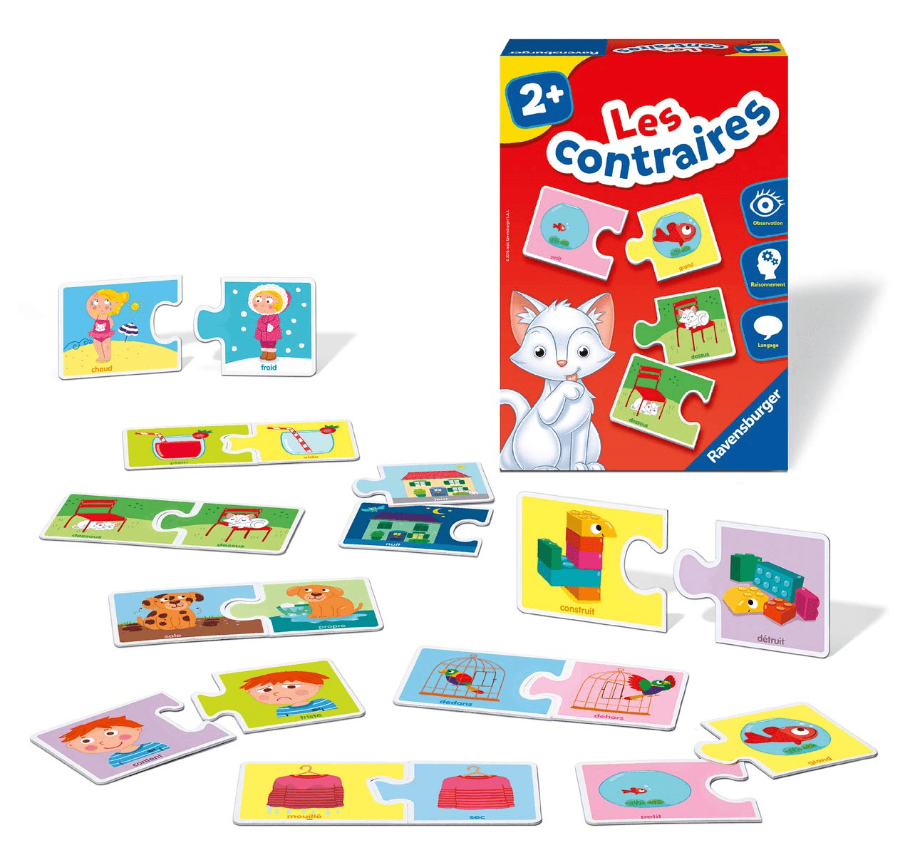 Caja de puzle Ravensburger Les Contraires y piezas emparejadas de opuestos sobre fondo blanco.