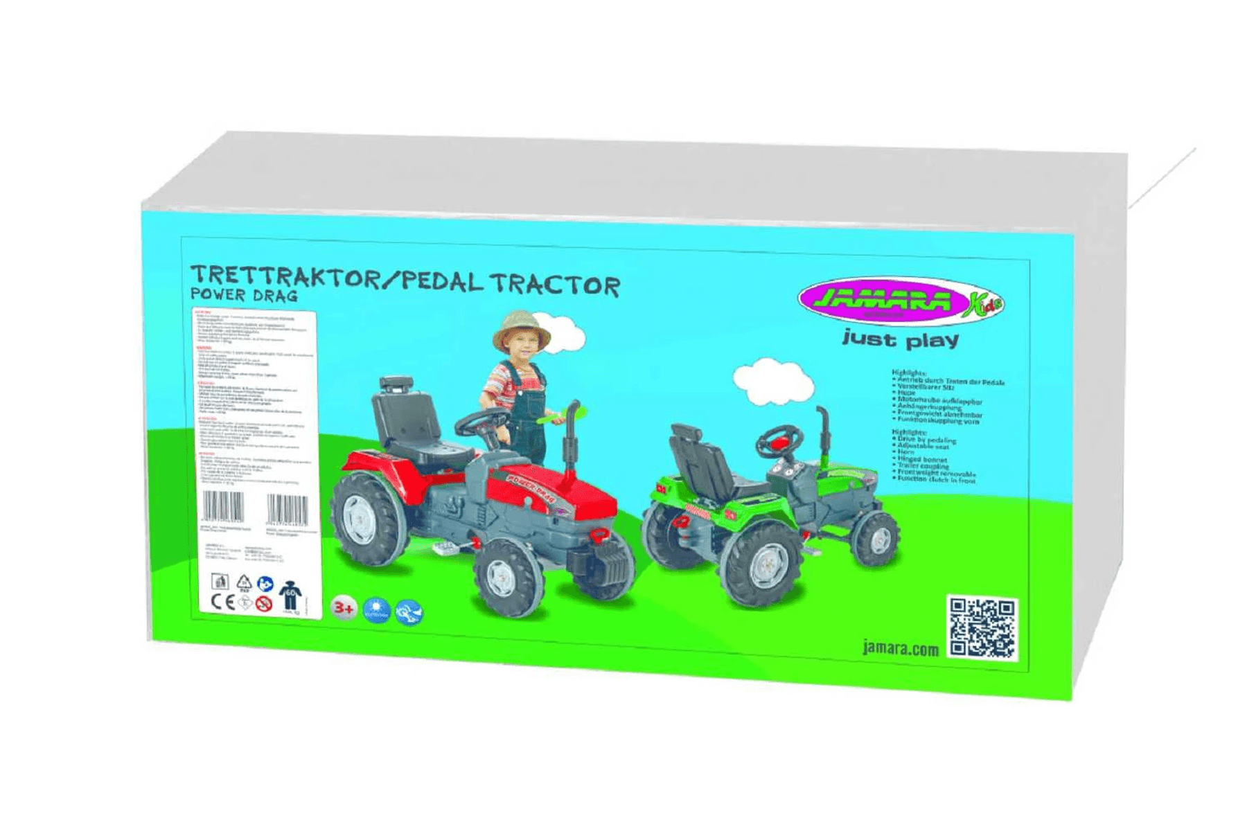 Verpackung eines grünen und eines roten Jamara Trettraktors auf blauer Wiese.
