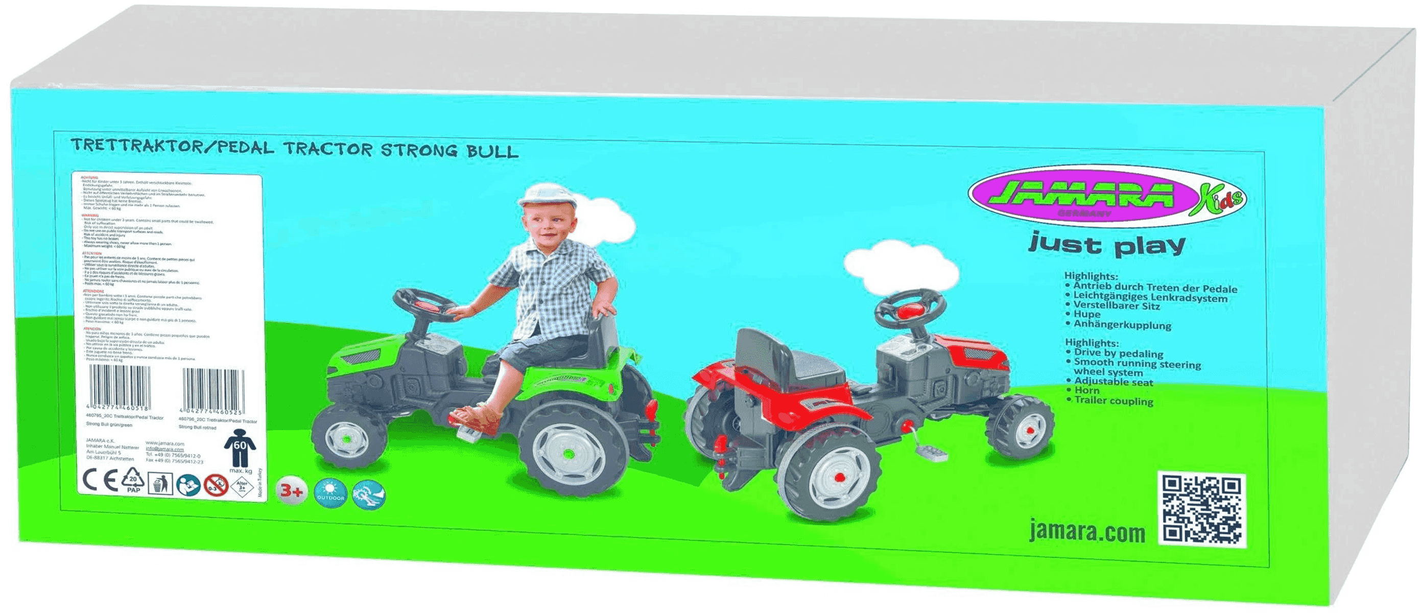 Verpackung für Jamara-Trettraktor mit einem Kind auf einem grünen Traktor und einem roten Traktor daneben.