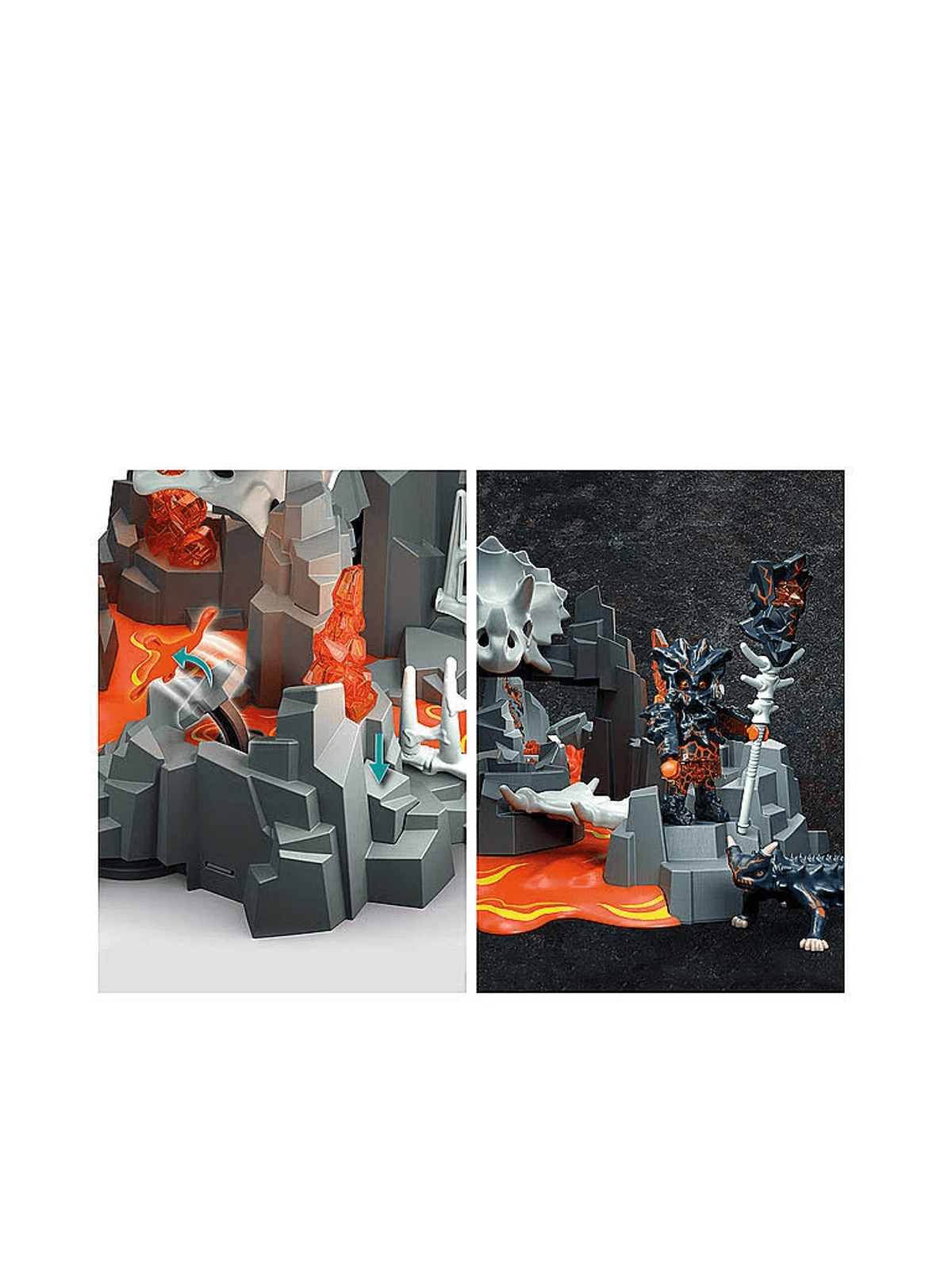 Lego-Lavaspielset mit felsigem Gelände, leuchtend orangefarbenen Kristallen, einer dunklen Figur mit Stab und Kreatur.