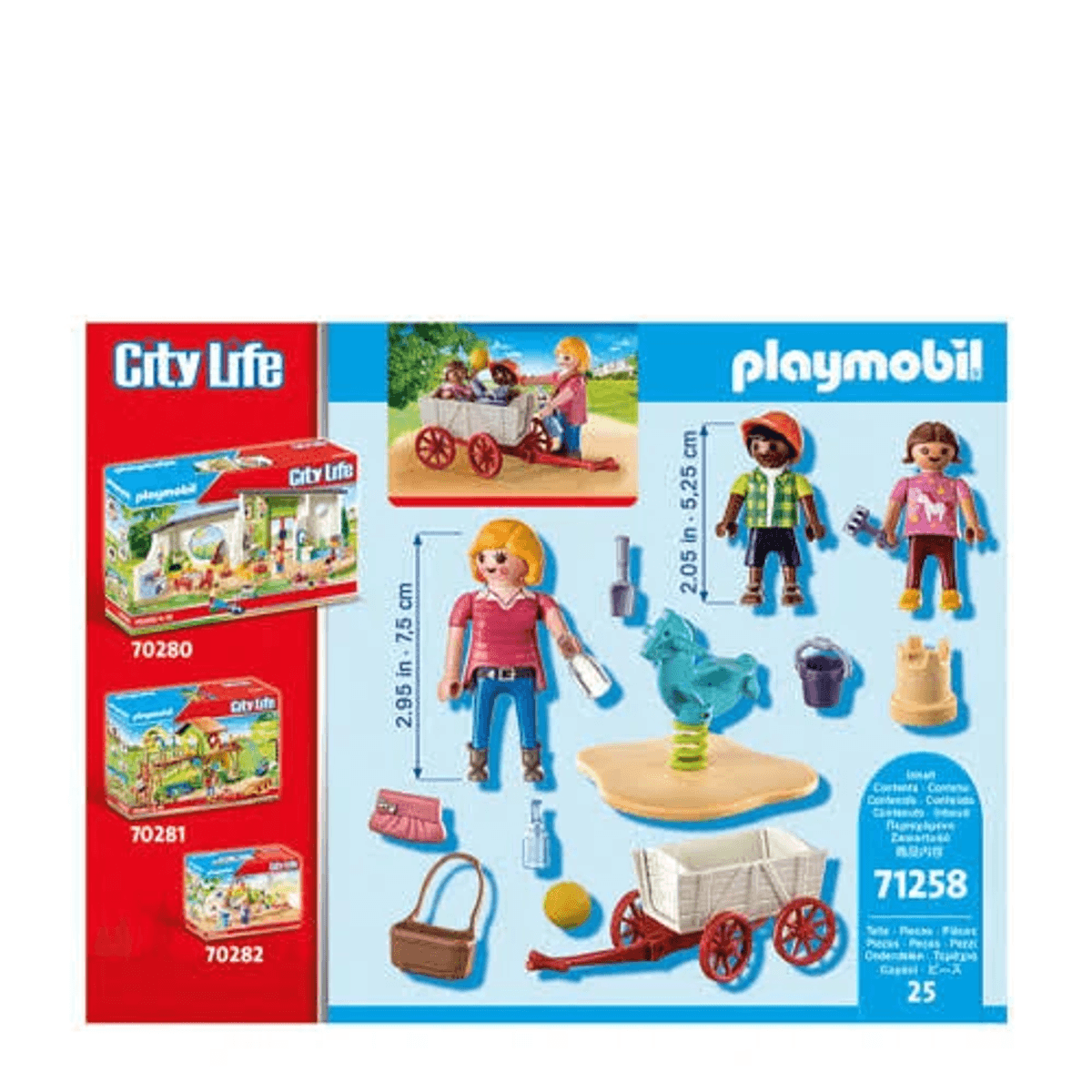 Set Playmobil City Life 71258 con figuras, un carro y accesorios sobre fondo azul.