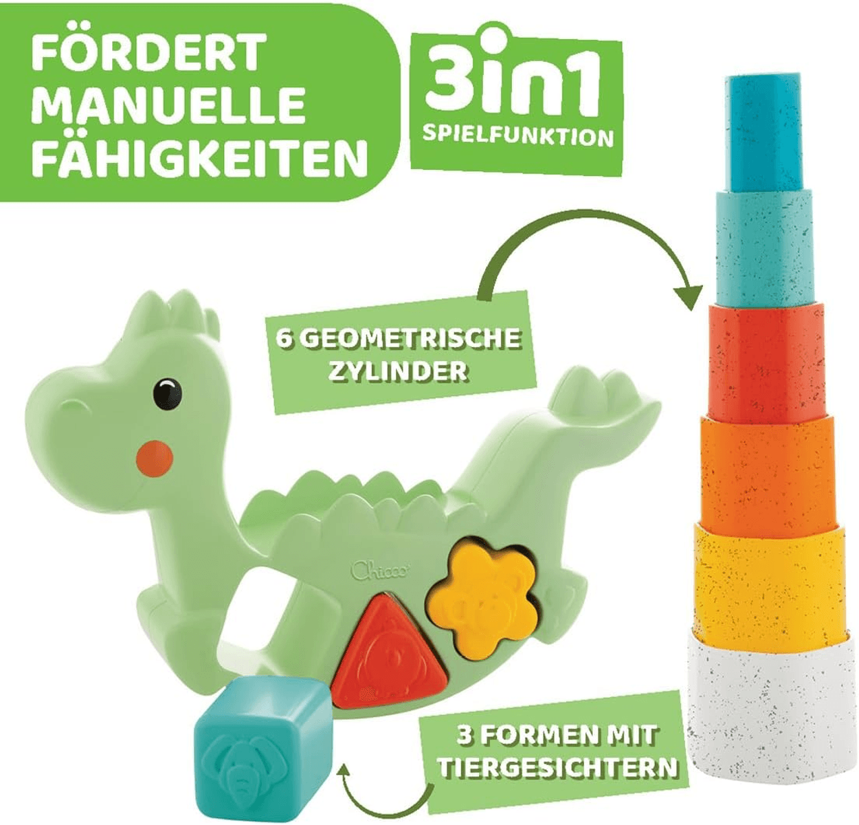 Juguete de dinosaurio verde con clasificador de formas y una torre colorida de bloques.