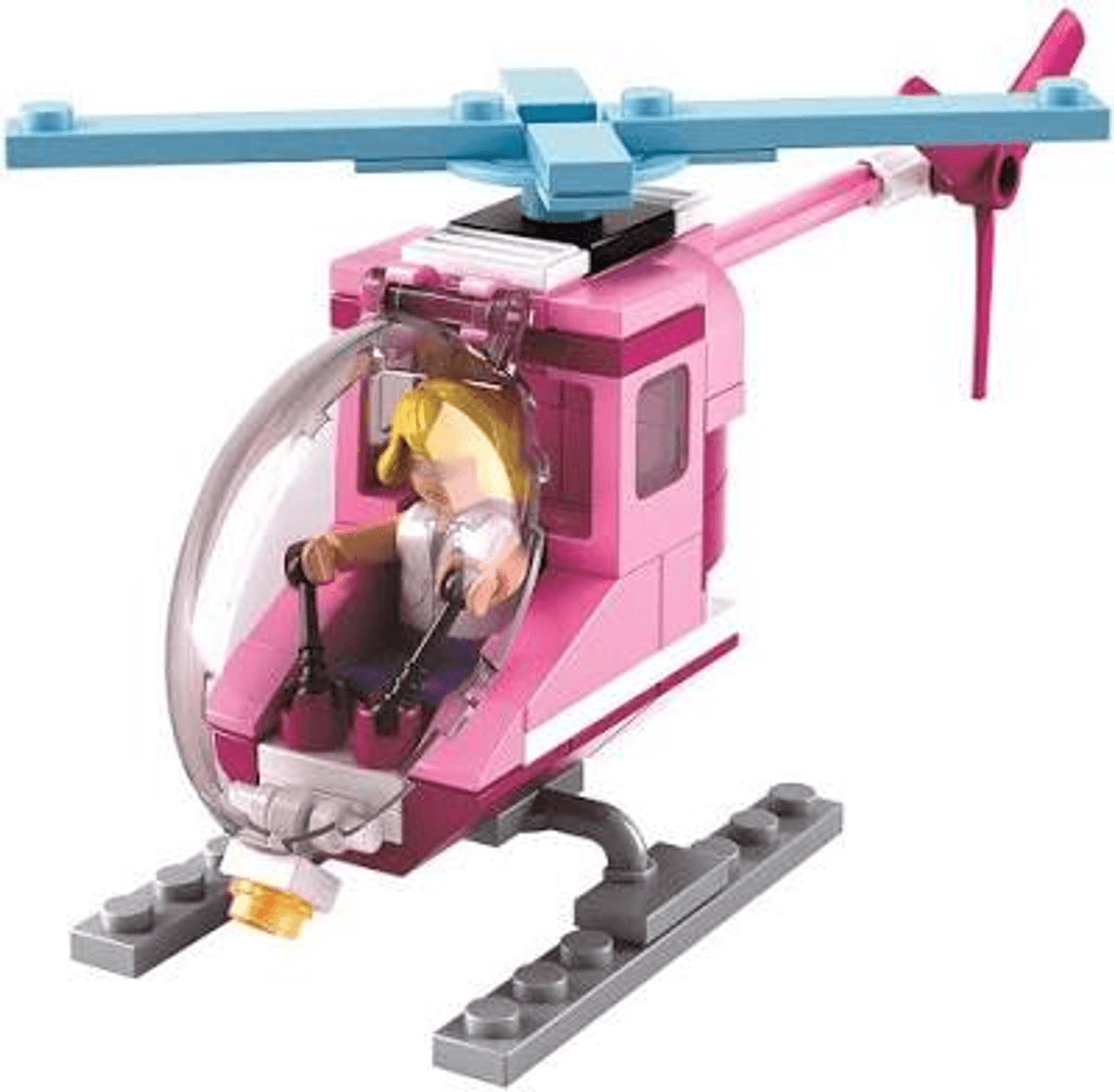 Un helicóptero de juguete rosa y blanco hecho de bloques con una minifigura de piloto adentro.