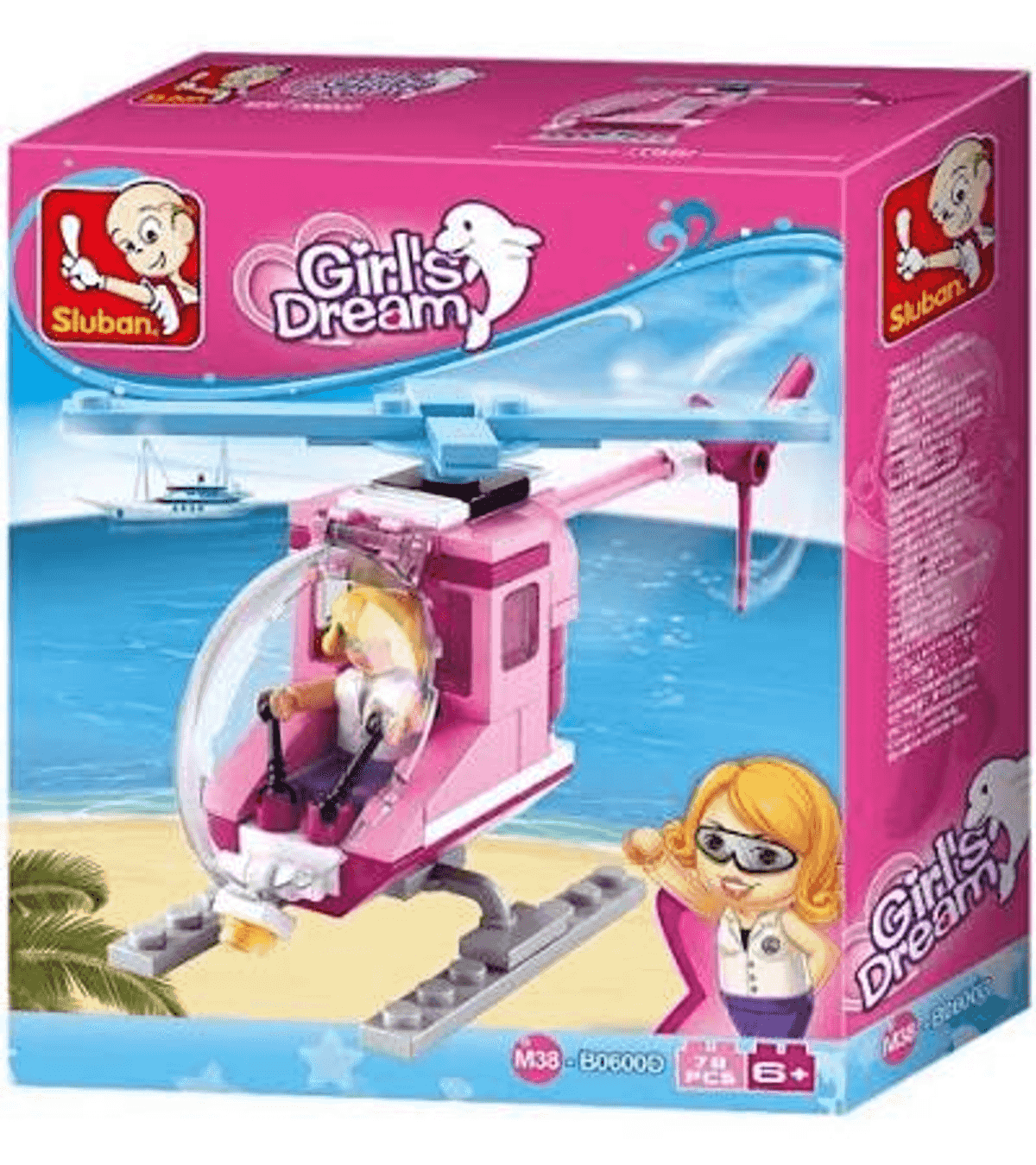 Helicóptero de juguete rosa de Sluban, Girl's Dream, con piloto femenino ante fondo marino.