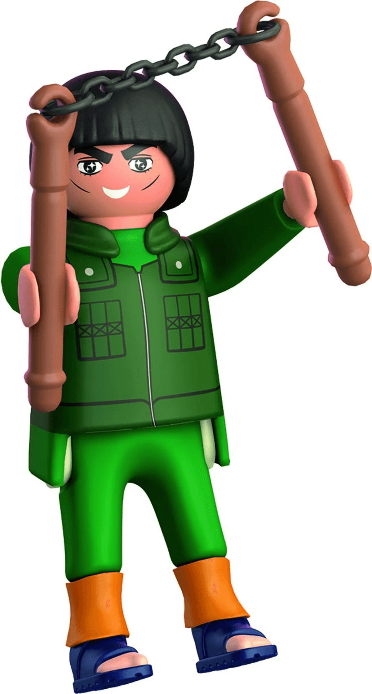Una figura de Playmobil con ropa verde sostiene nunchakus de juguete en sus manos.