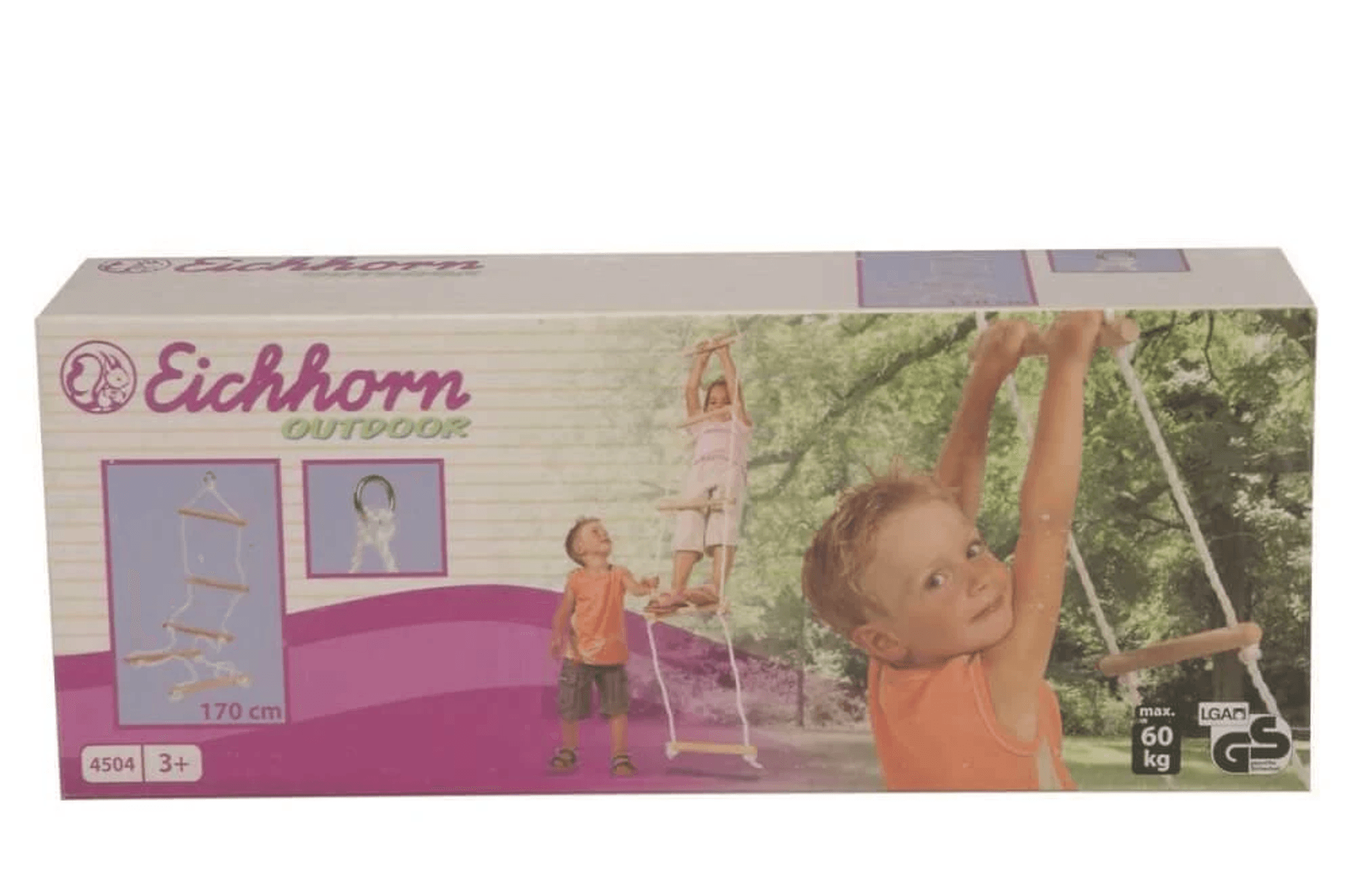Empaque de la escalera de cuerda para exteriores Eichhorn con niños jugando afuera.