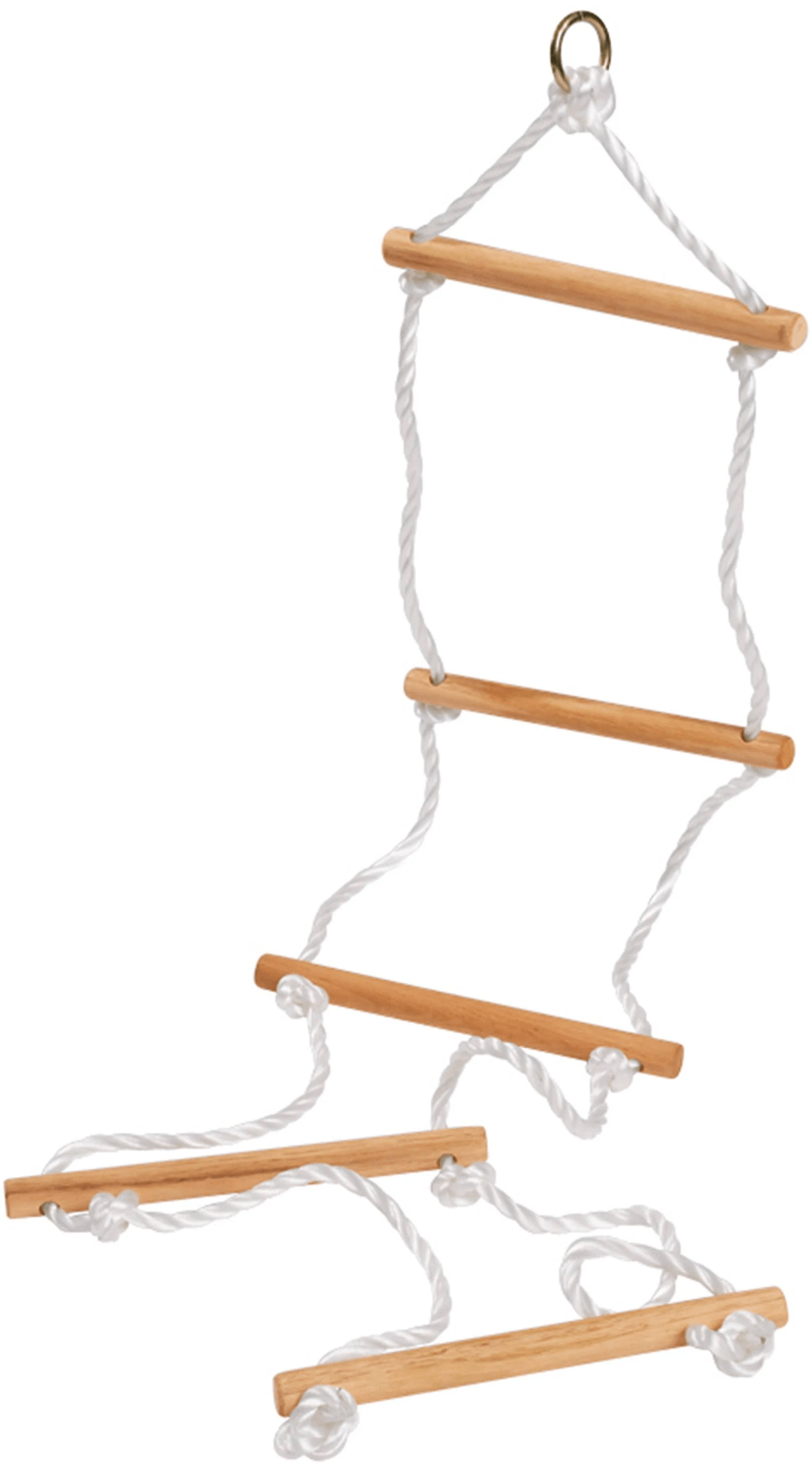 Una escalera de cuerda de madera con cinco peldaños y cuerdas blancas, colgada de un anillo de metal sobre fondo blanco.