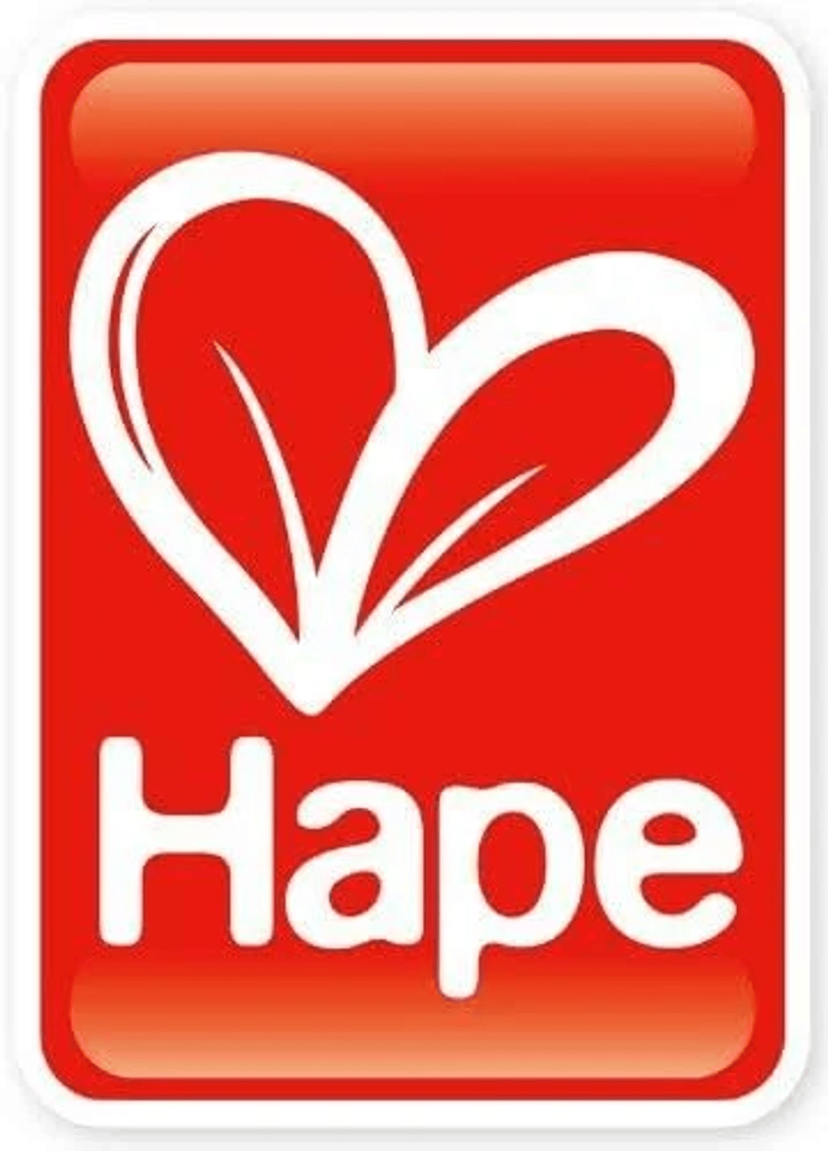 Logo con fondo rojo con un corazón blanco estilizado y la palabra Hape.