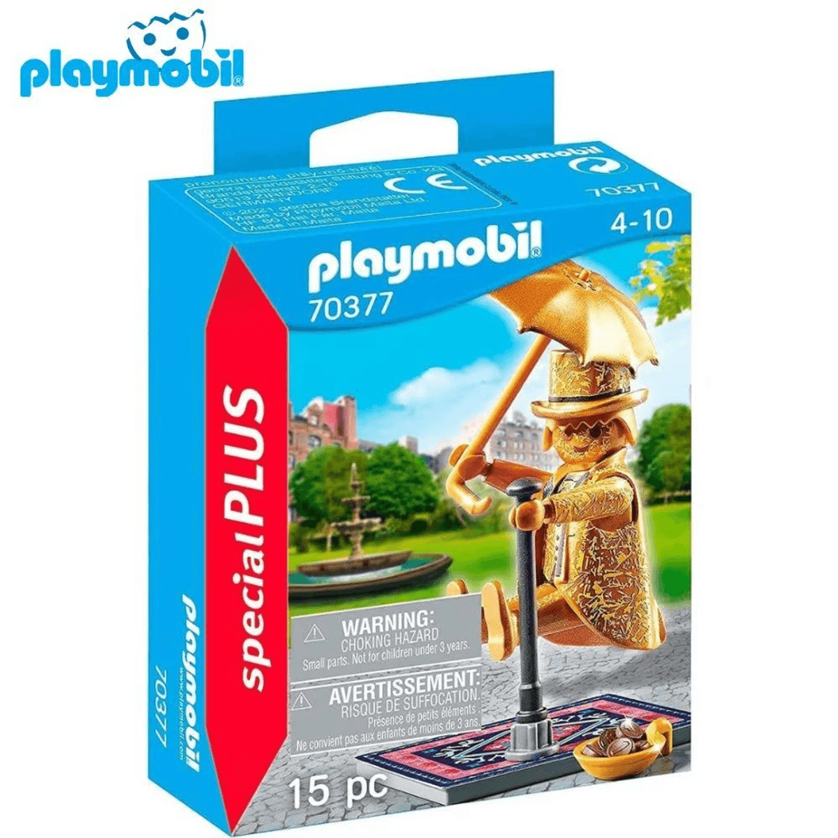 Set Playmobil Special Plus 70377 con una figura de artista callejero dorado, paraguas y accesorios.