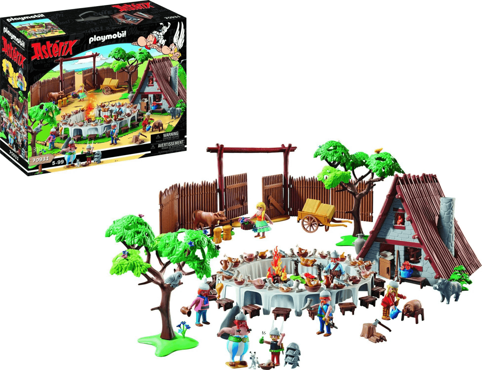 Set de Playmobil de Asterix con figuras, casa, árboles, banquete y valla.