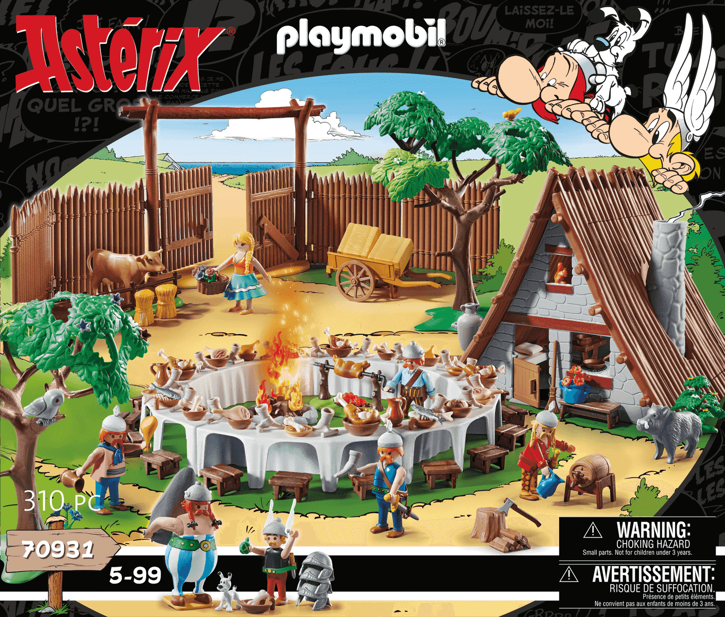Set de Playmobil Asterix con banquete, figuras, cerca de madera, carro y casa.