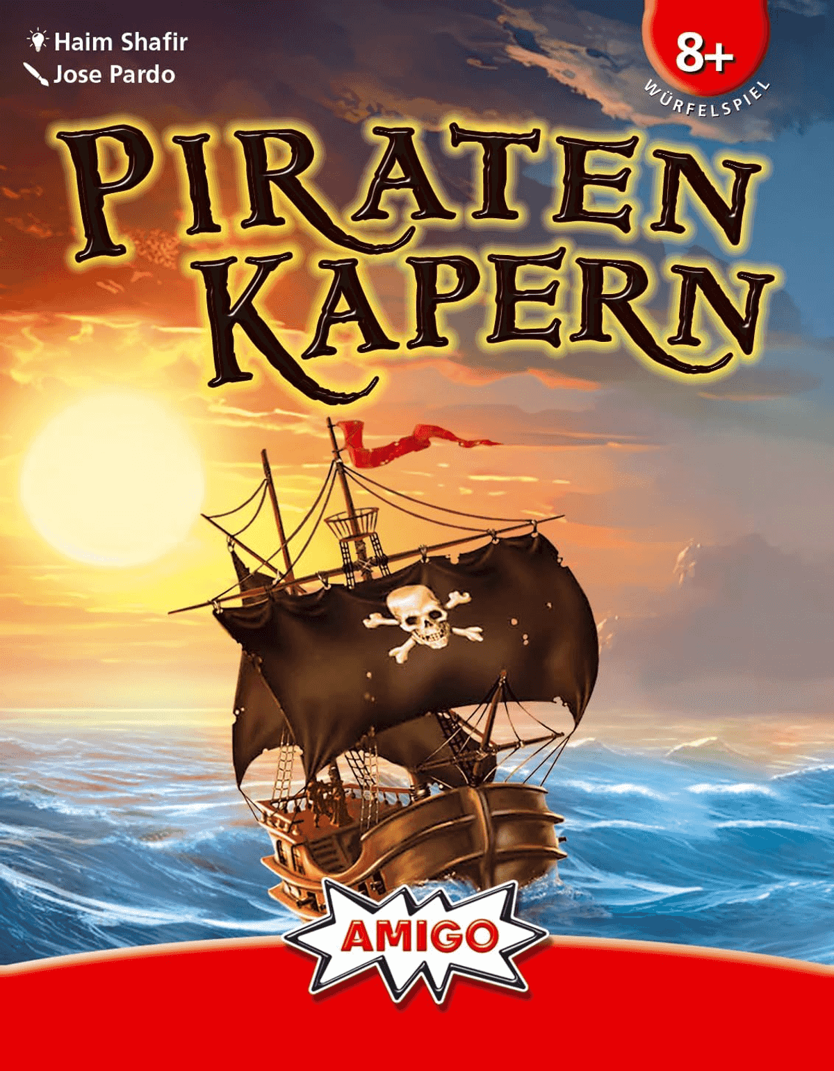 Spielschachtel von Piraten Kapern mit einem Piratenschiff auf stürmischer See bei Sonnenuntergang.
