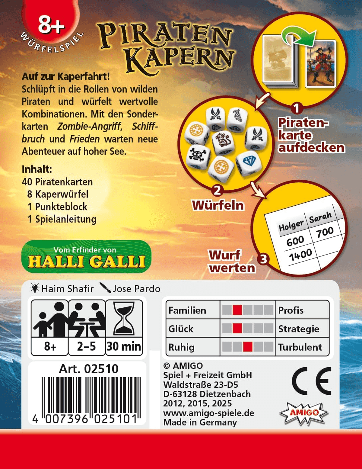Rückseite der Spieleverpackung von Piraten Kapern, zeigt Regeln, Inhalt und Würfel.