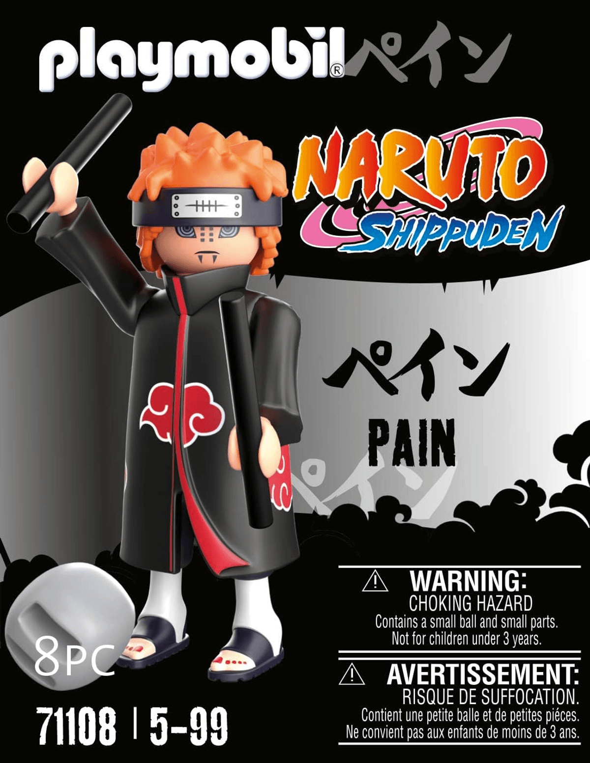 Playmobil Naruto Shippuden Pain Figur mit schwarzen Stabwaffen, Akatsuki Mantel und Warnhinweisen.