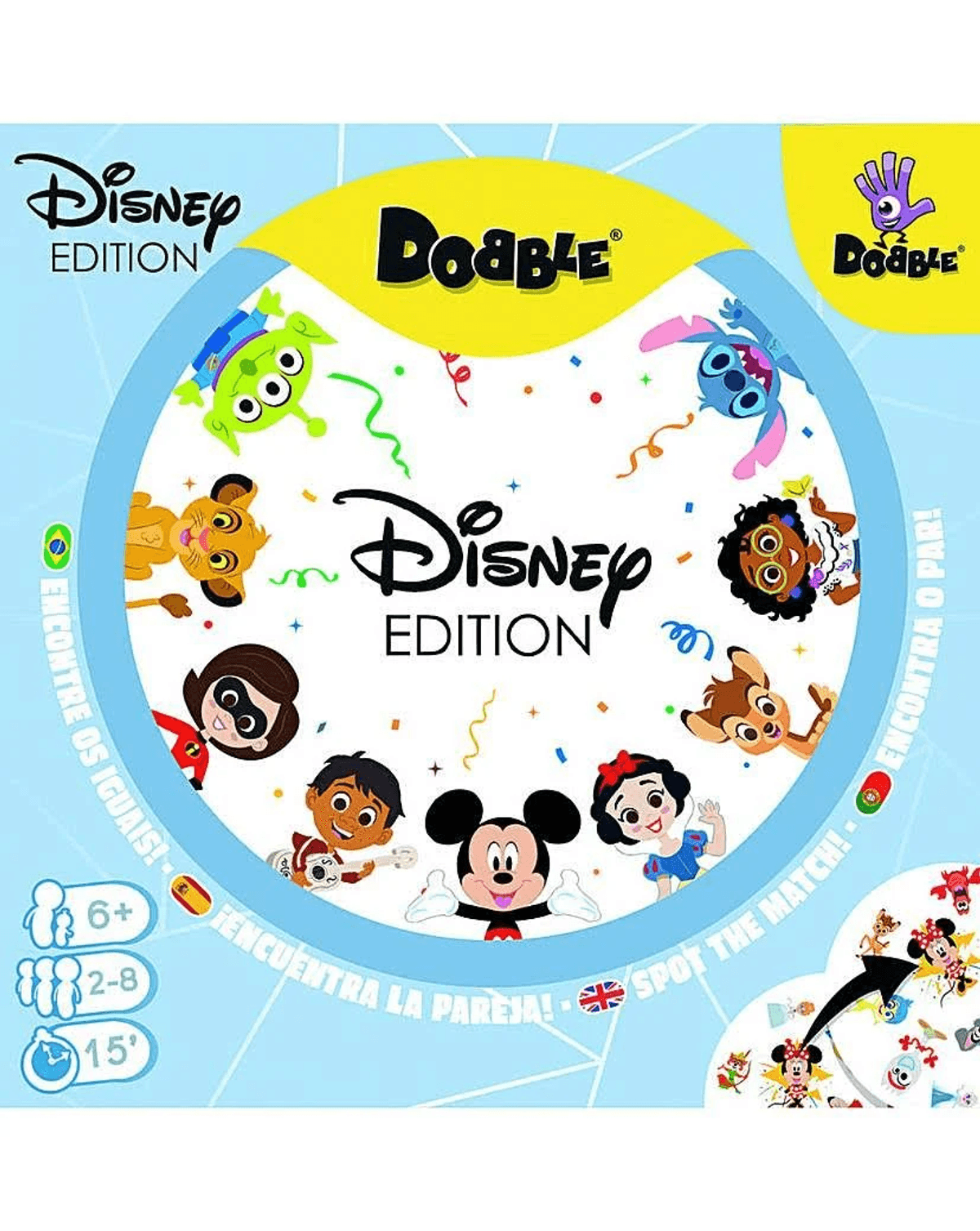Caja del juego de mesa Dobble Disney Edition con Mickey, Simba y otros personajes.