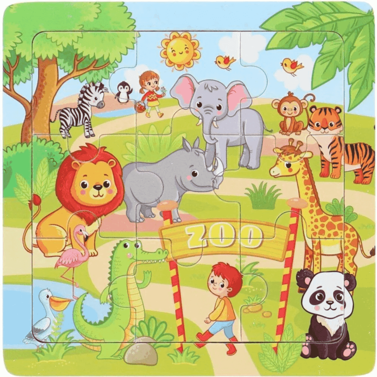 Rompecabezas para niños con animales de dibujos animados del zoológico como elefante, león, tigre y jirafa.