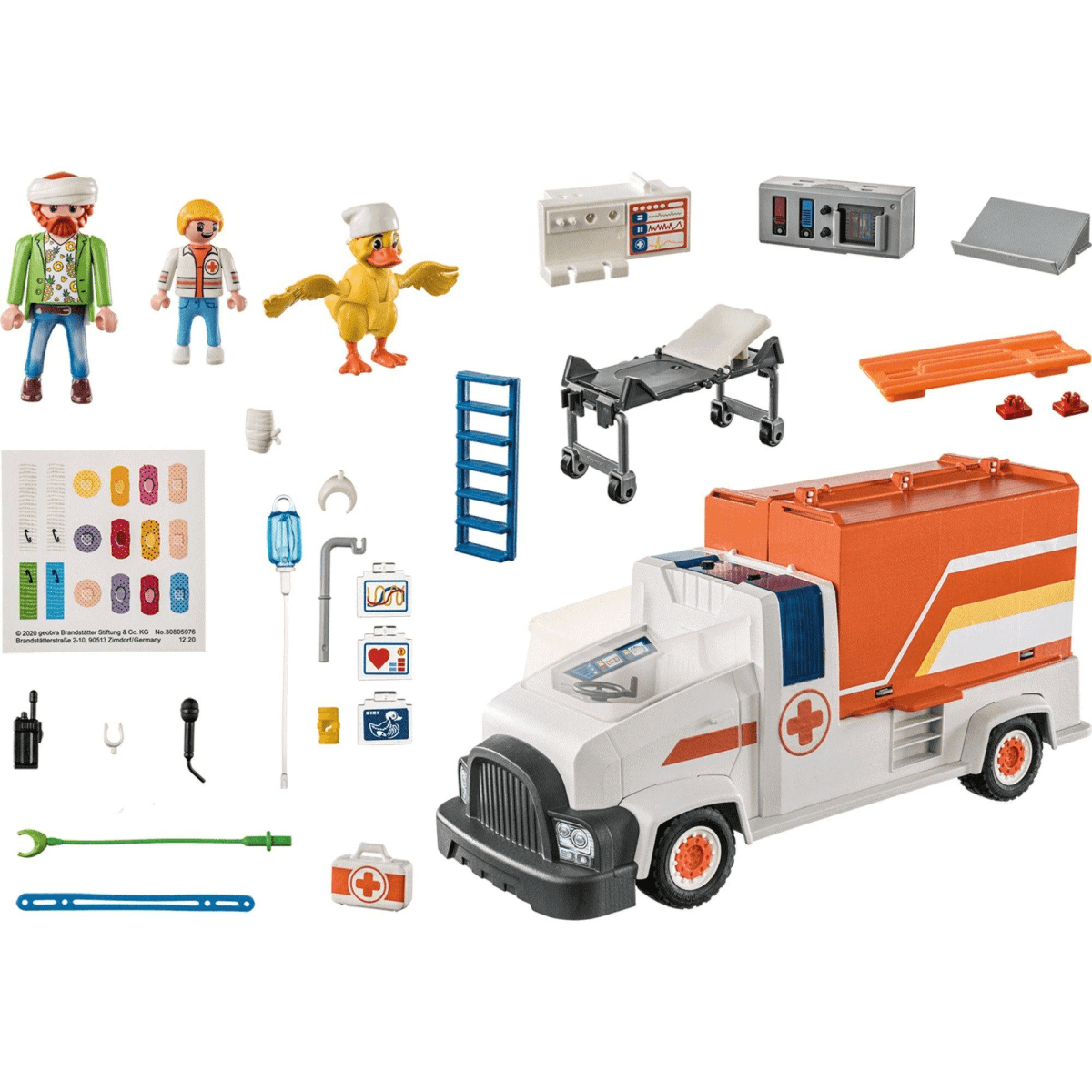 Set de ambulancia Playmobil con figuras, un pato, equipo médico, una camilla y accesorios.