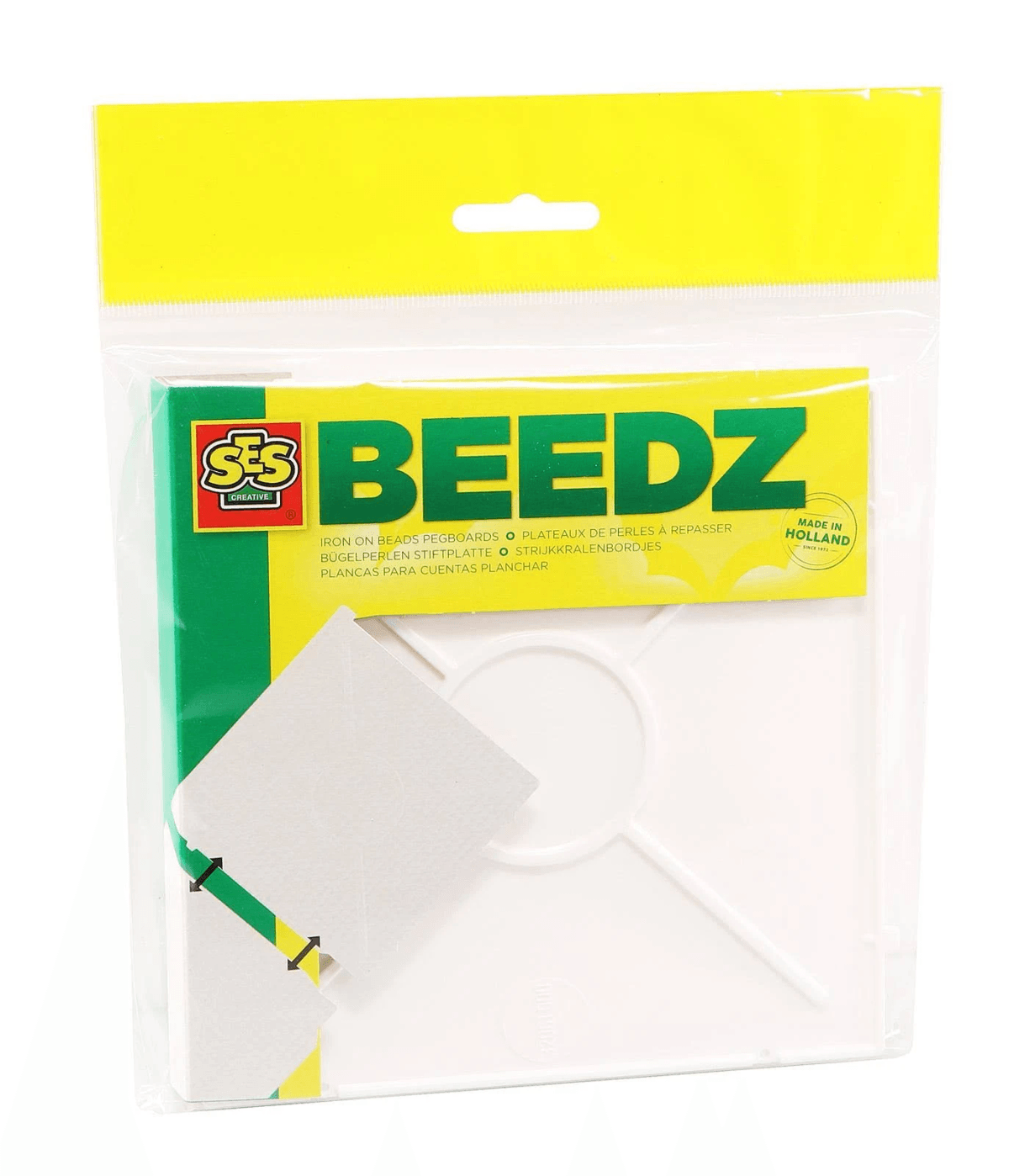 Tablero de cuentas de planchar SES Beedz empaquetado en una bolsa de plástico con etiqueta amarilla y verde.