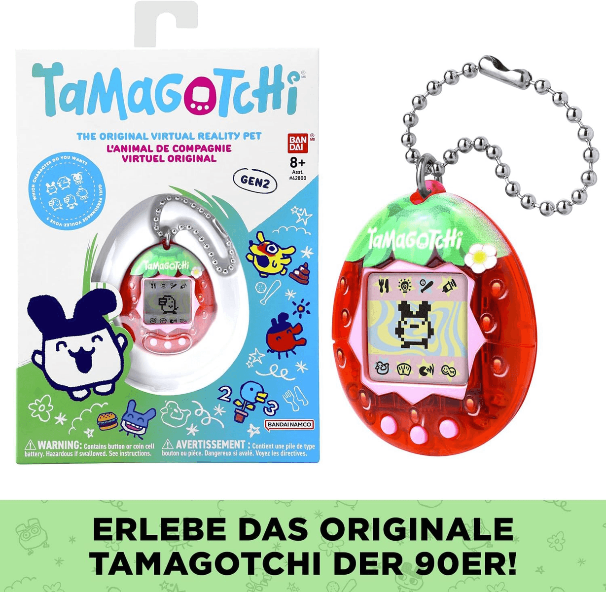 Un juguete Tamagotchi Gen2 rojo con patrón de fresa y cadena, mostrado junto a su embalaje.