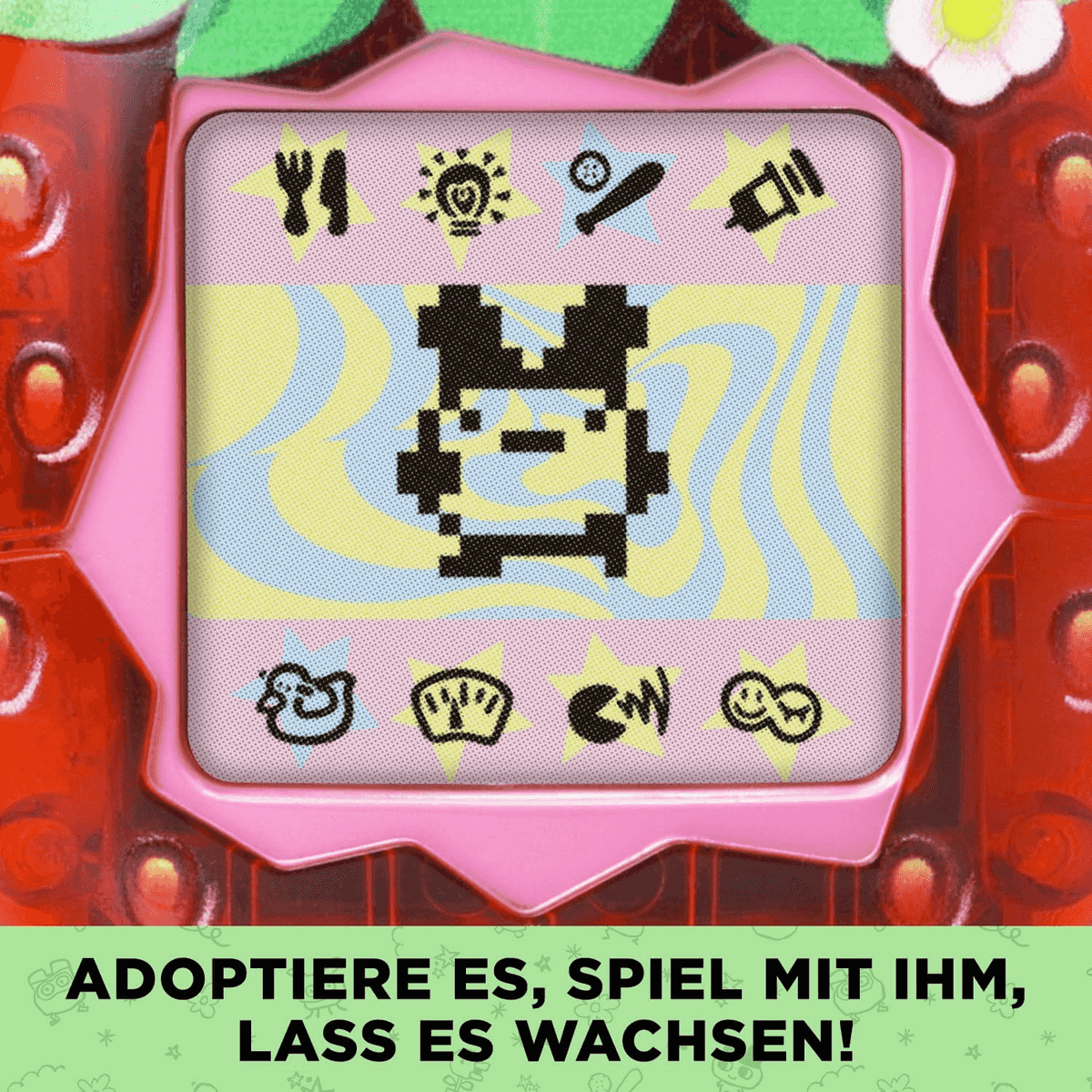 Mascota de píxeles en pantalla rosa de Tamagotchi con iconos.
