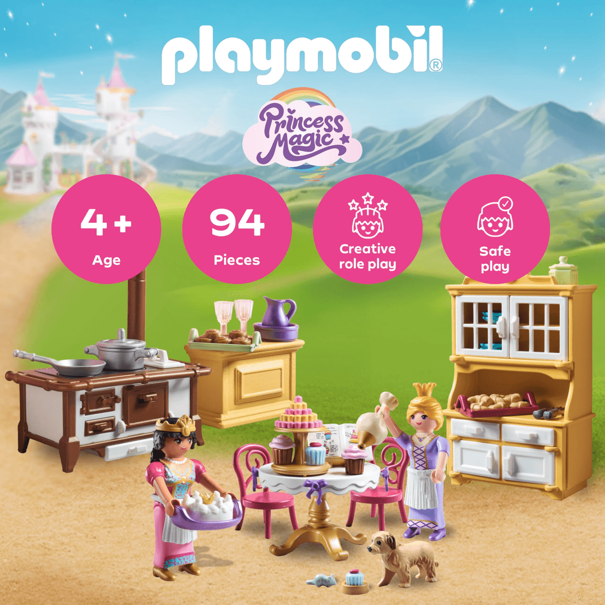 Set de juego Playmobil Princess Magic con cocina, figuras y castillo de fondo.