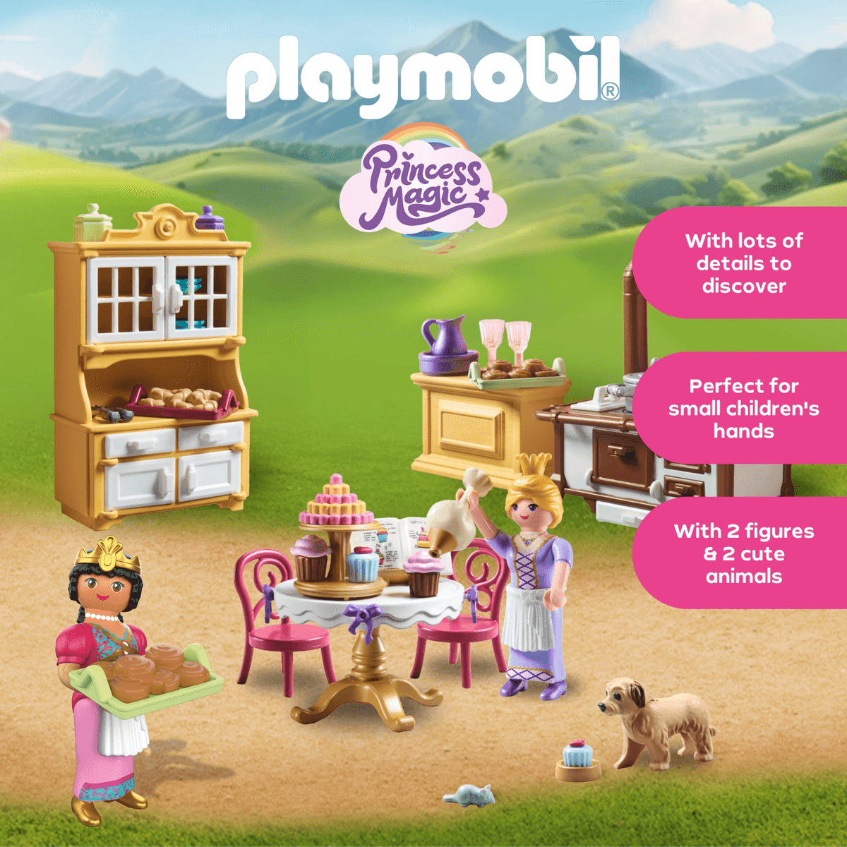 Set Playmobil Princess Magic con muñecas, mascotas, mesa, sillas, pasteles y muebles al aire libre.