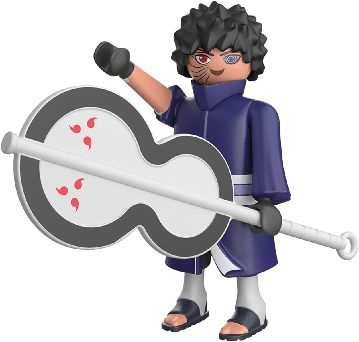 Figura estilo Playmobil de un ninja con túnica azul sosteniendo un gran abanico blanco.
