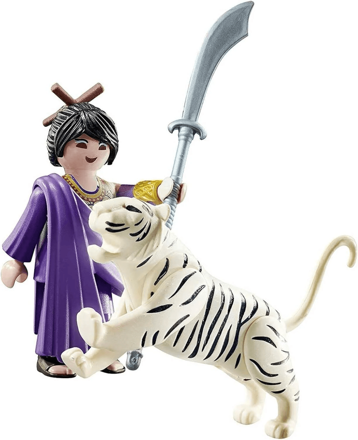 Una figura de Playmobil con túnica morada sostiene una gran espada junto a un tigre blanco.