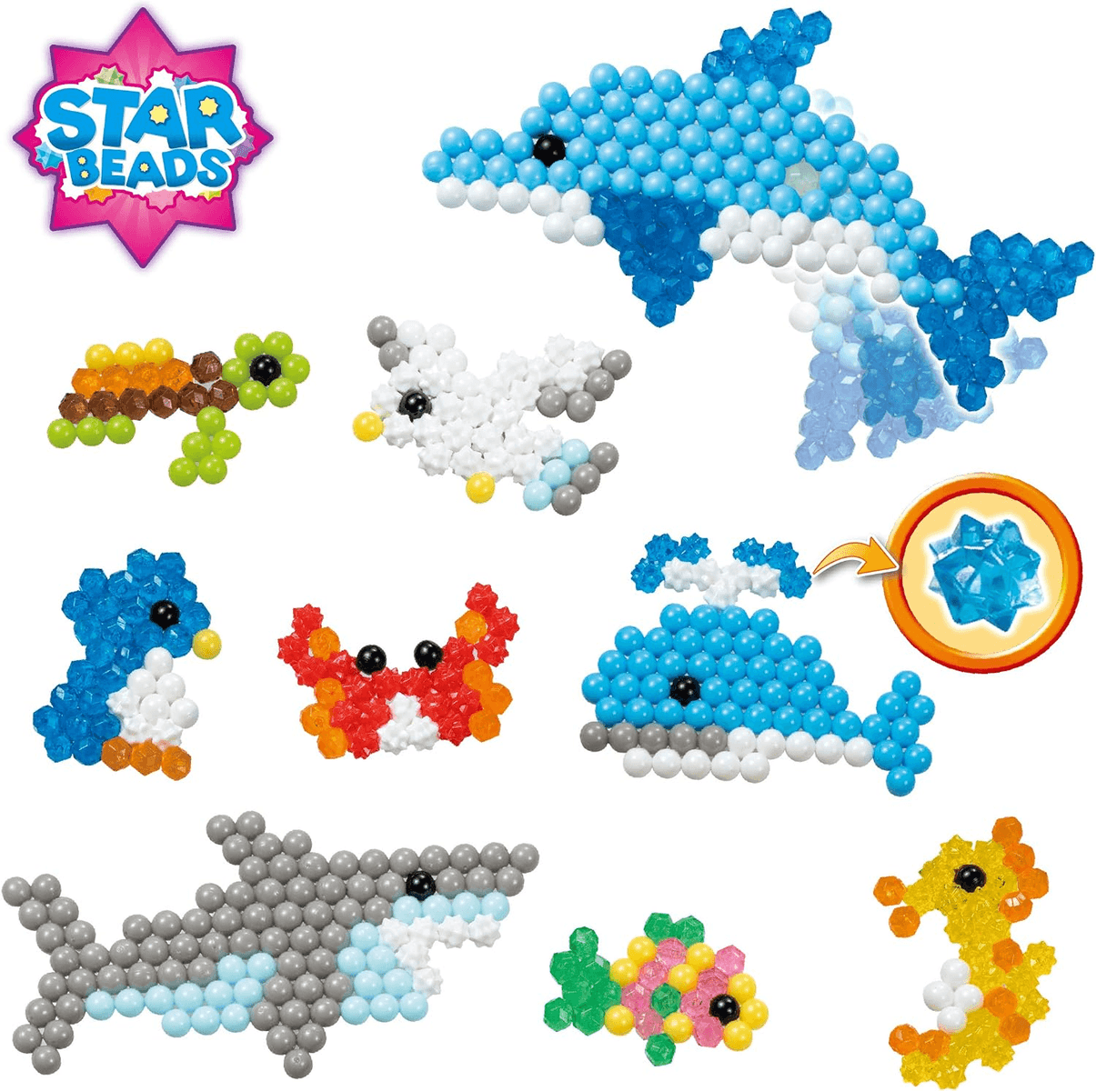 Set de manualidades Star Beads con varios animales marinos de cuentas de colores, incluyendo un delfín, tiburón y tortuga.