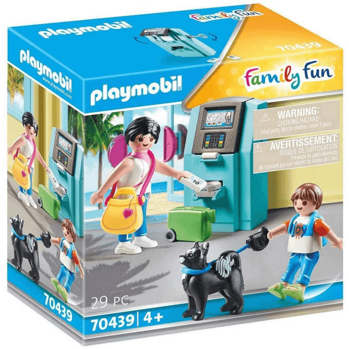 Playmobil Family Fun Set 70439 zeigt eine Frau am Bankautomaten und ein Kind mit Hund.