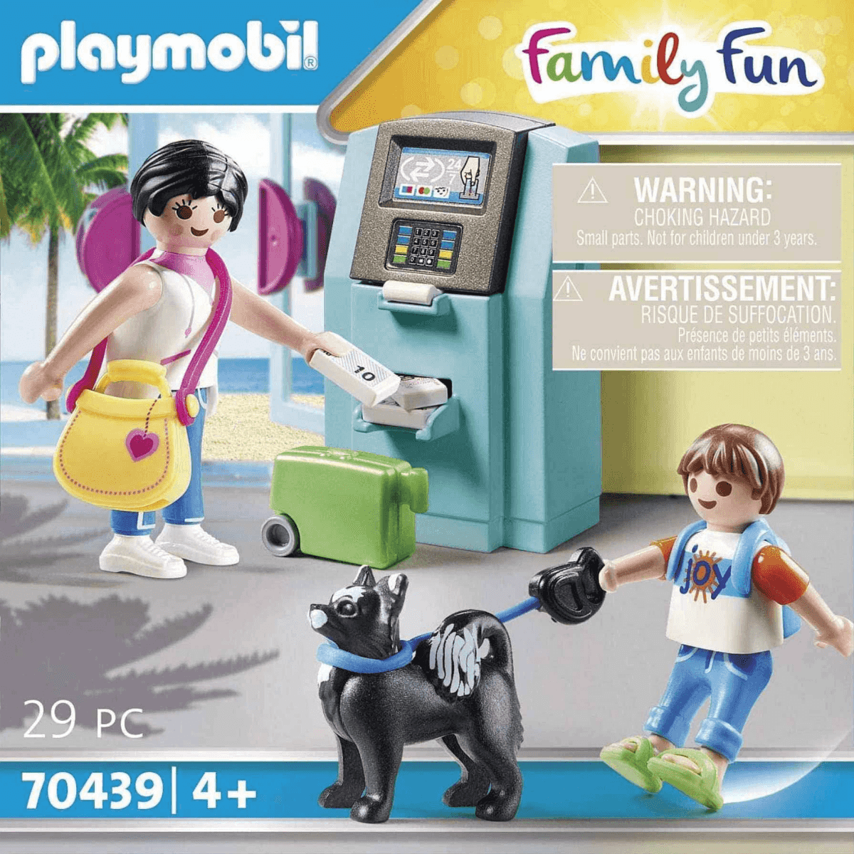Playmobil-Set mit Figuren, Hund, Geldautomat, Koffern und Tasche vor tropischer Kulisse.