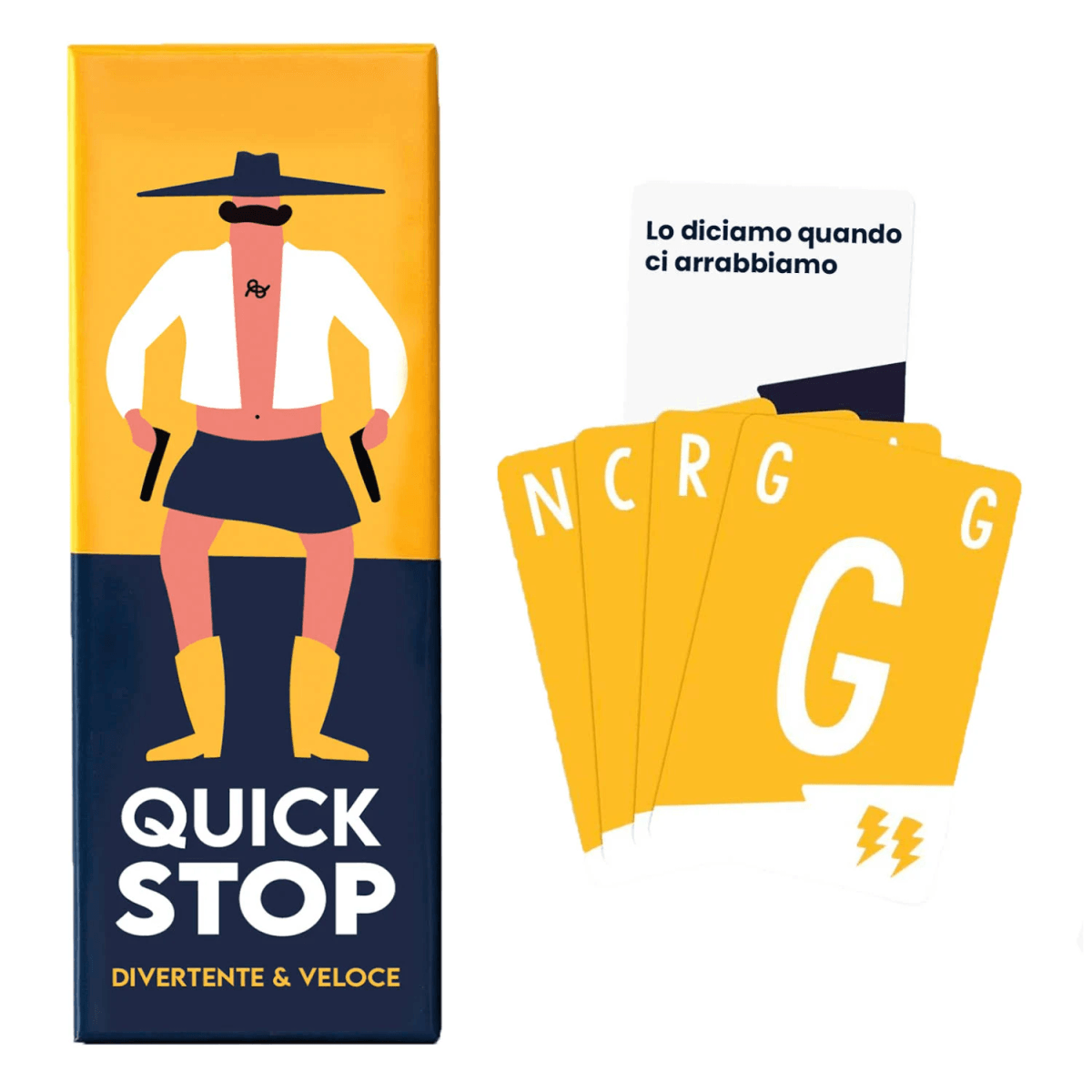 Scatola del gioco di carte Quick Stop con illustrazione e carte.