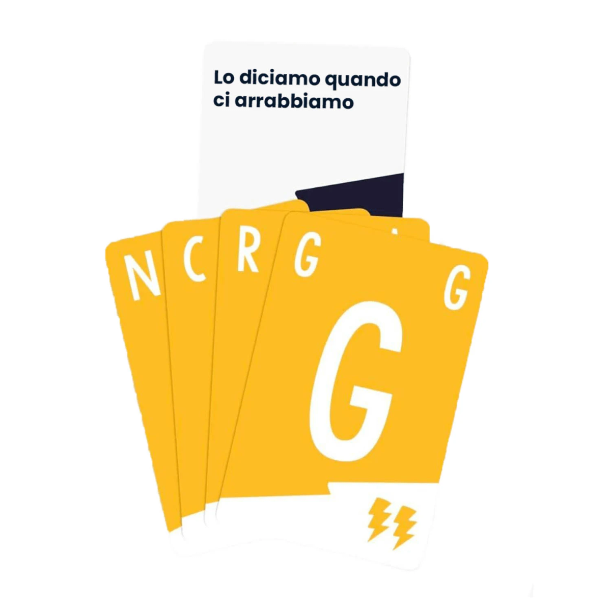 Una carta bianca con testo in italiano si trova sopra quattro carte gialle con grandi lettere e simboli di fulmini.