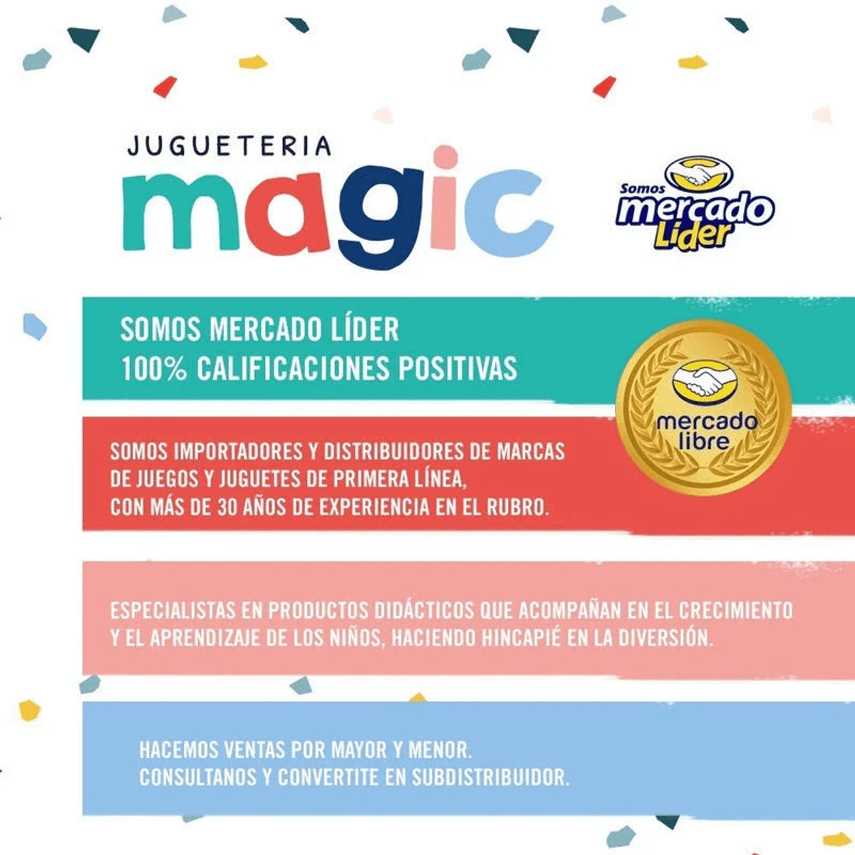 Banner promocional de Jugueteria Magic con logo de Mercado Líder y bloques de texto coloridos.