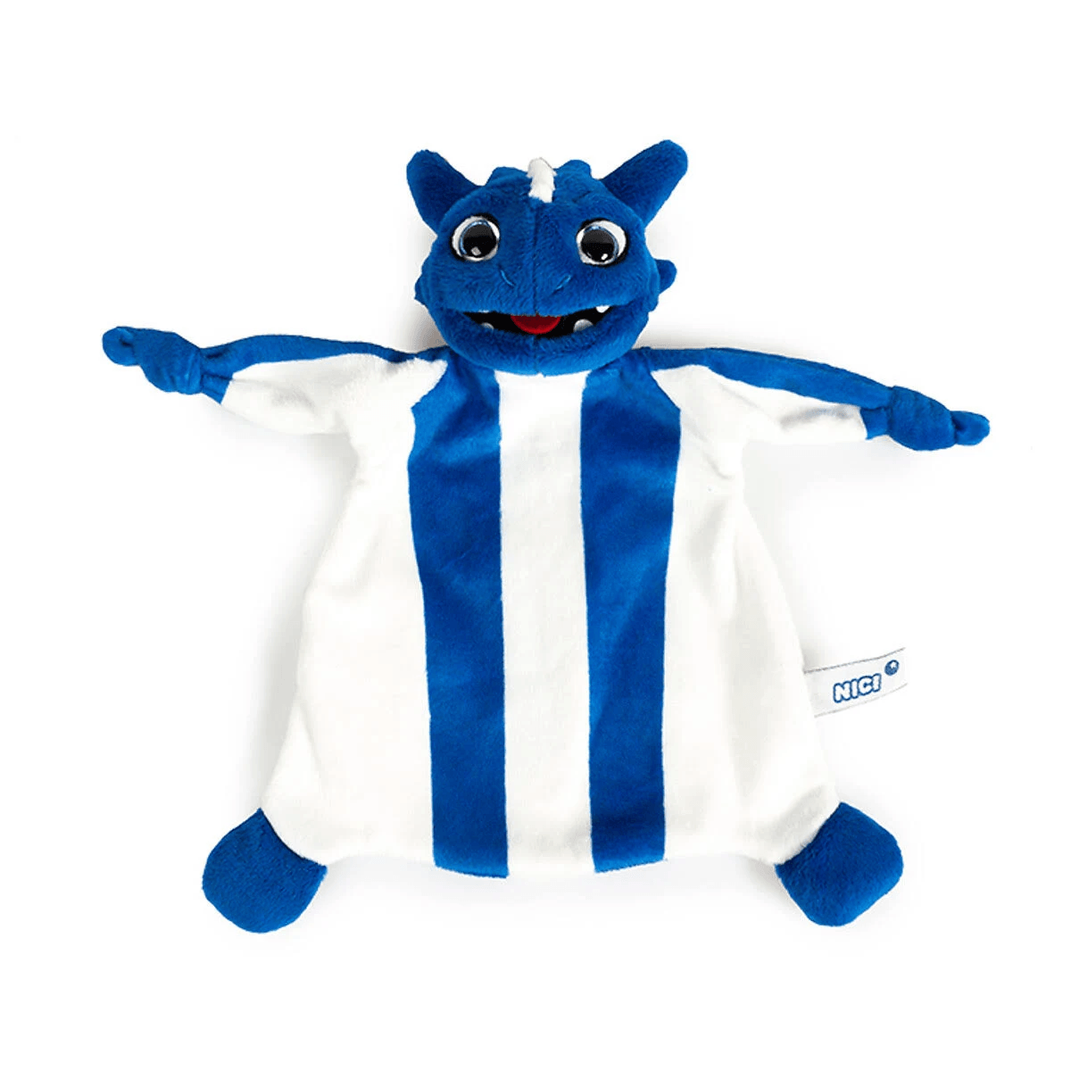 Un peluche a rayas azules y blancas con cabeza de dragón y brazos extendidos sobre fondo blanco.
