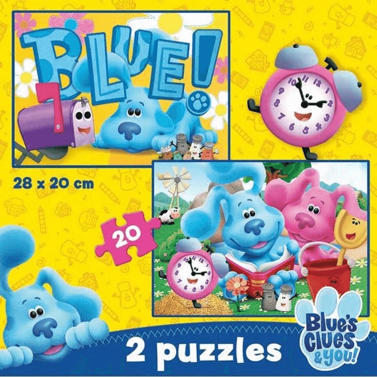 Caja de rompecabezas Blue's Clues con Blue, Magenta, un reloj y un buzón sobre fondo amarillo.