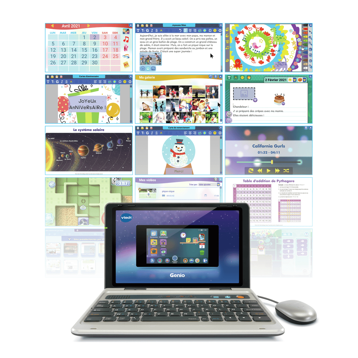 Portátil infantil VTech Genio en plata con ratón conectado y ventanas de aplicaciones coloridas de fondo.