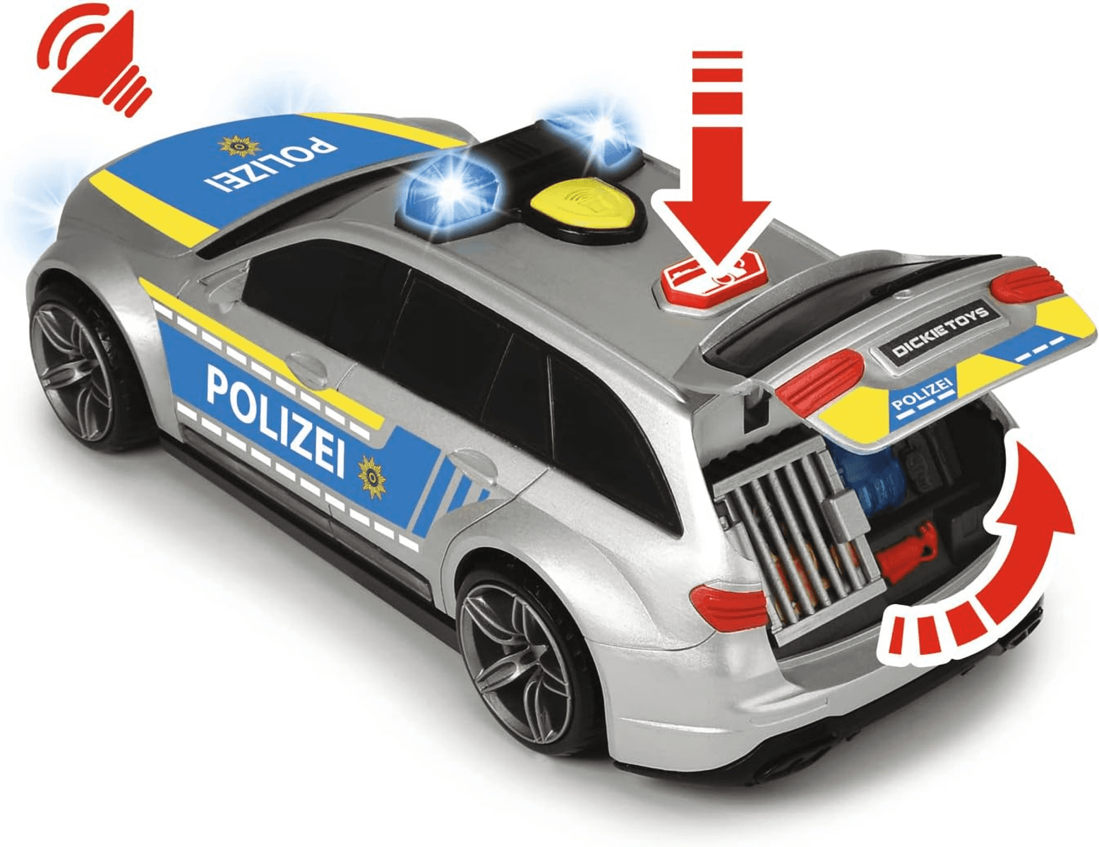 Ein silbernes deutsches Polizeiauto als Spielzeug mit offener Heckklappe, blauen Lichtern und roten Pfeilen.