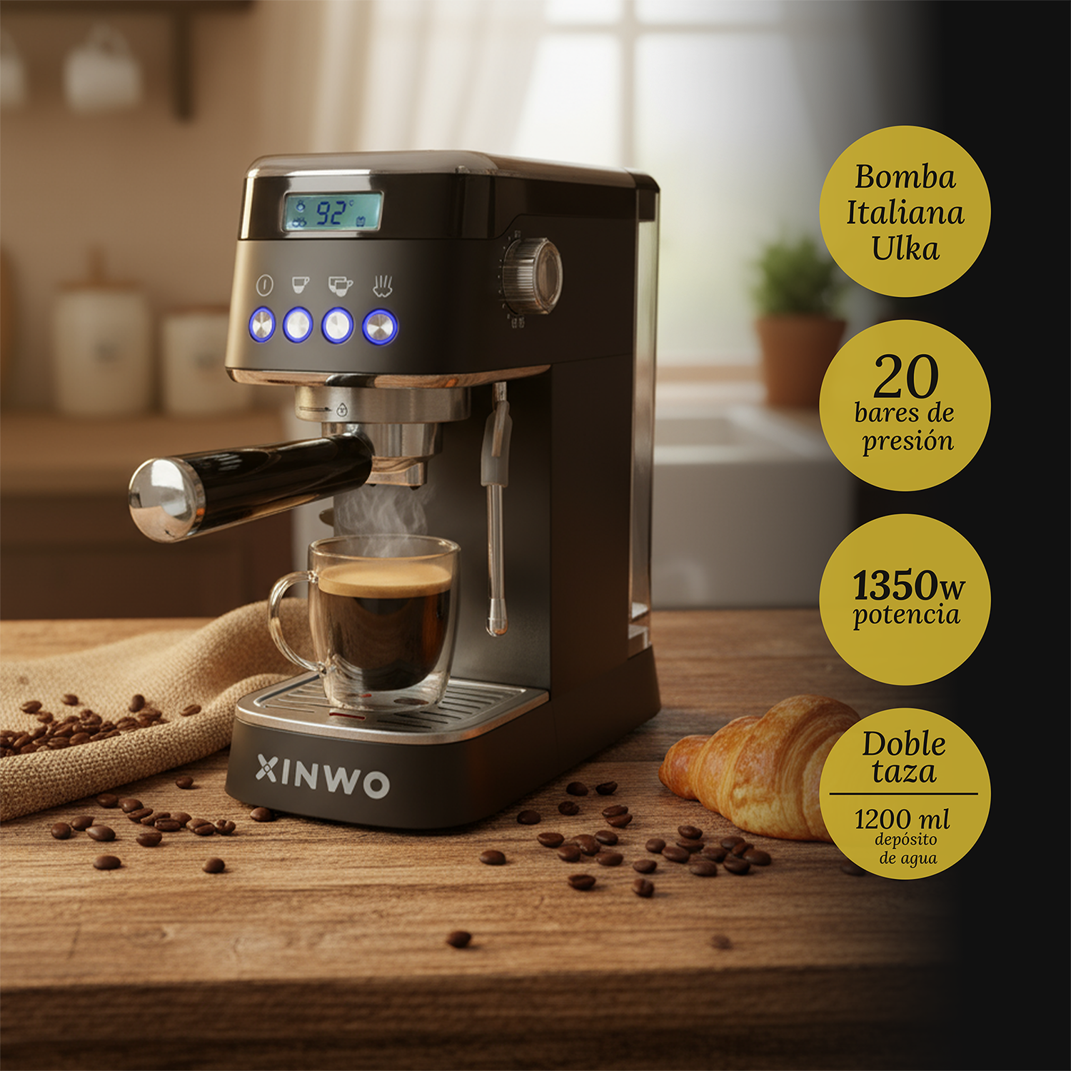 Una cafetera XINWO negra sobre madera con café fresco, granos, un cruasán y círculos con características.